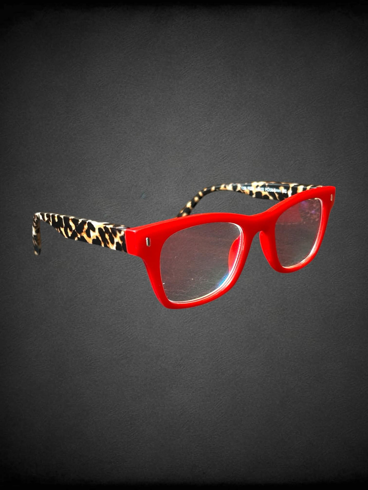 Red & leopard print reading glasses with +2.00 magnification, and 58.5 pupillary distance with case