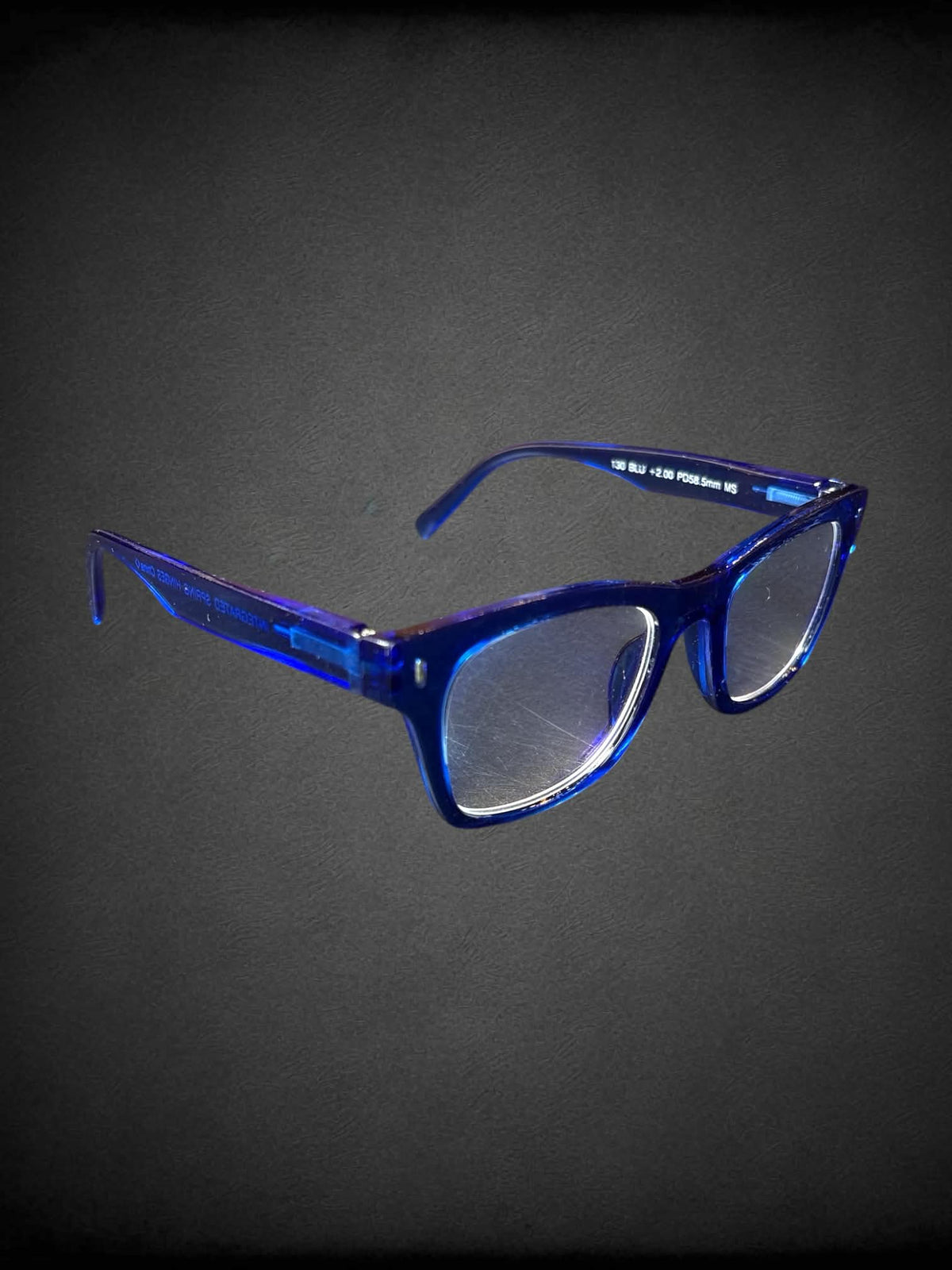 Blue reading glasses with +2.00 magnification, and 58.5 pupillary distance with case