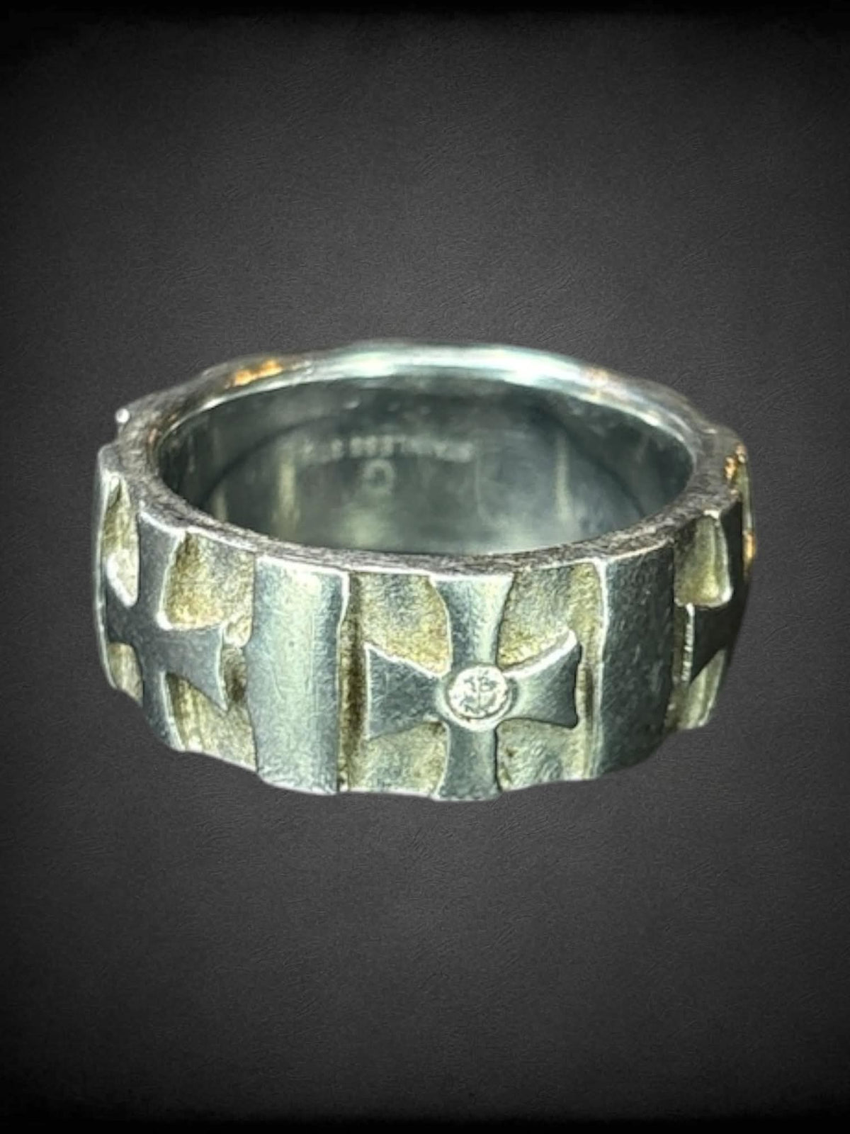 Size 10 sterling silver ring with iron cross design around band