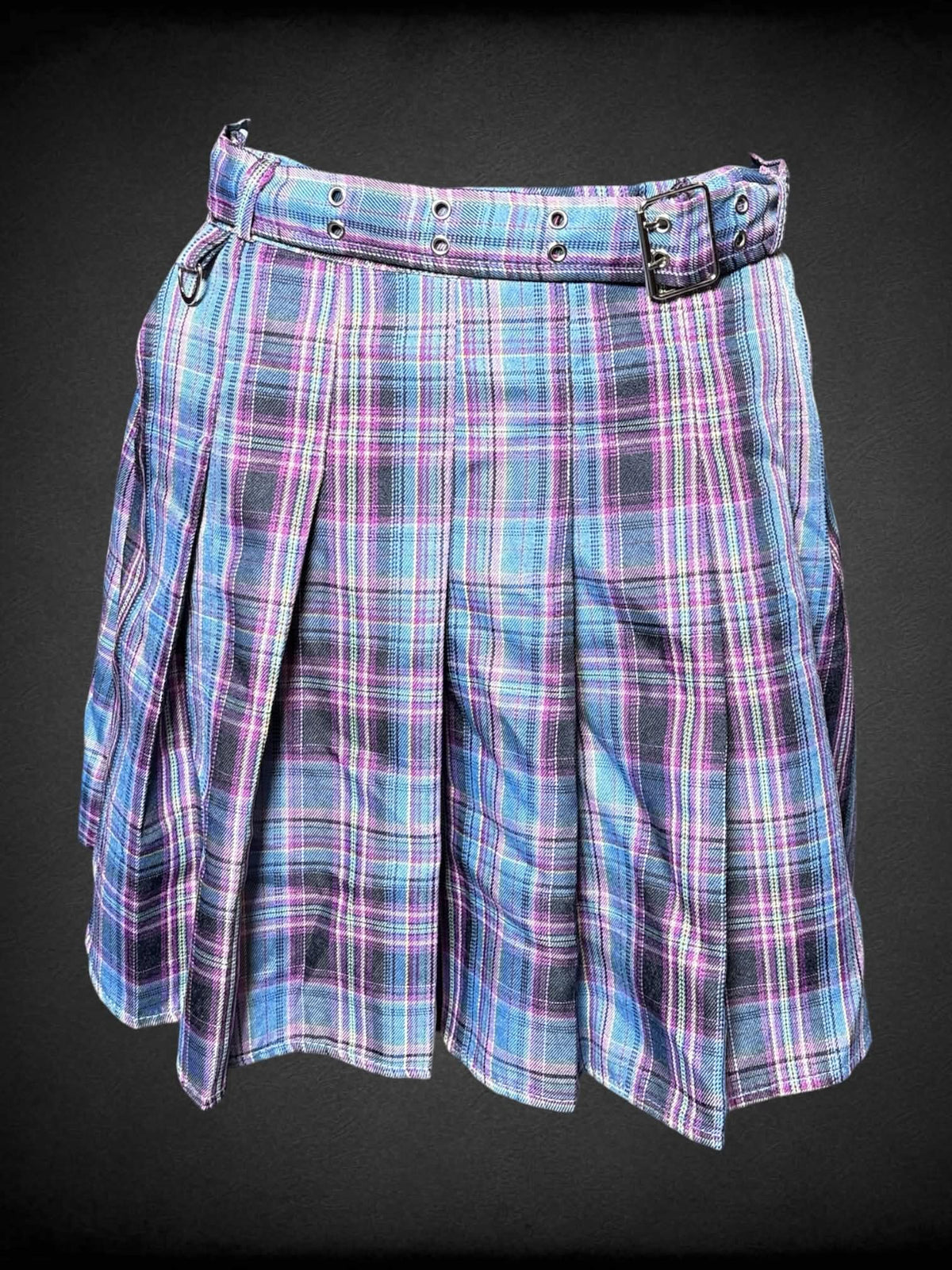 M Luna Catz blue & purple plaid pleated skirt with pockets, and belt