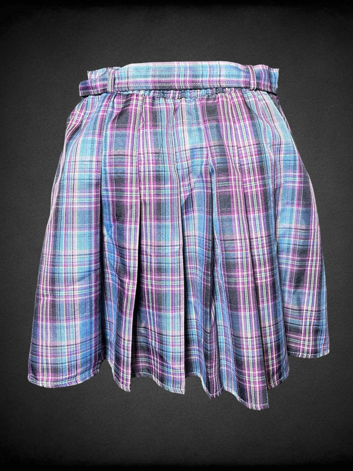 M Luna Catz blue & purple plaid pleated skirt with pockets, and belt