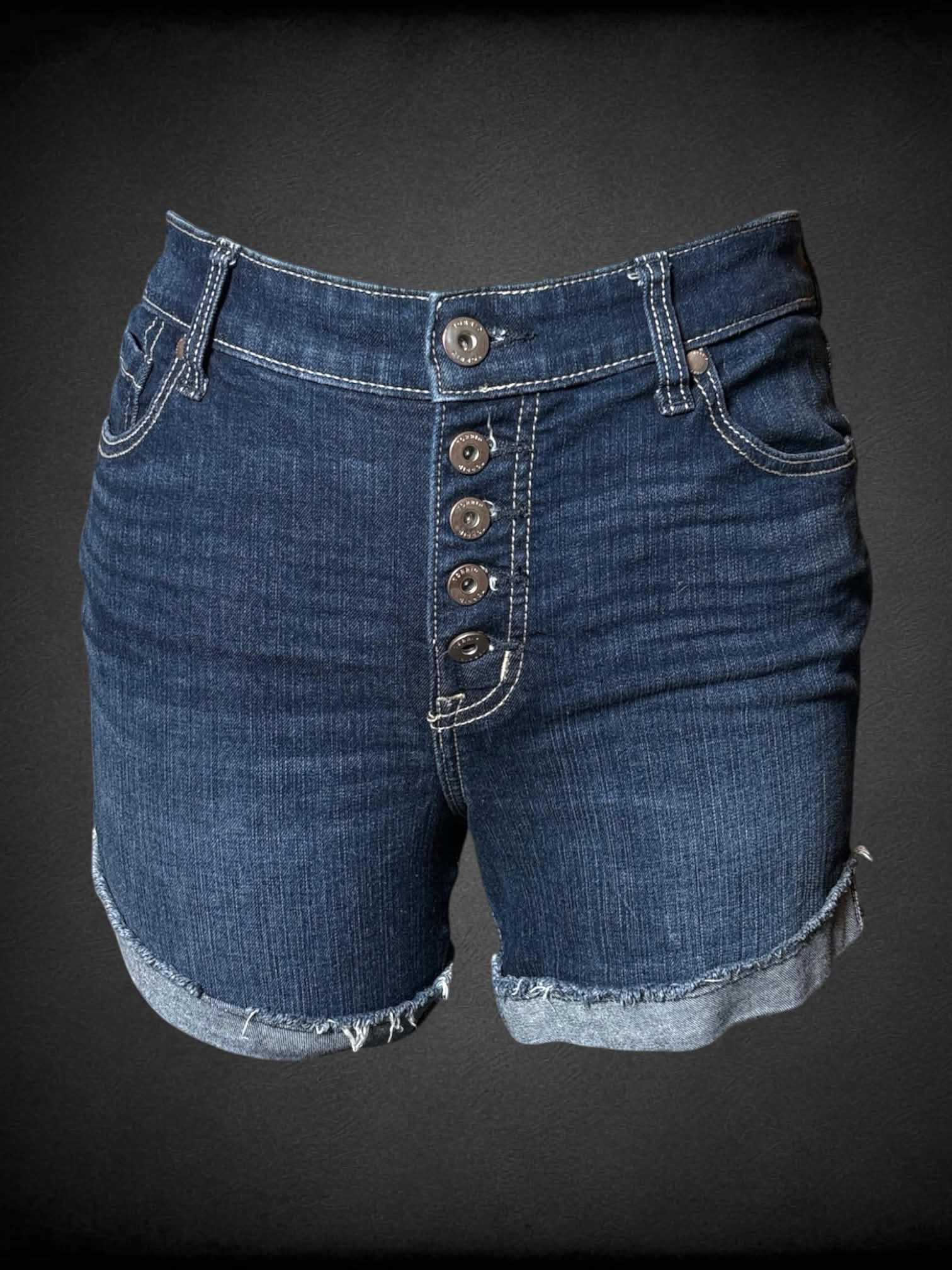 XL Torrid dark blue denim shorts with distressed cuffs