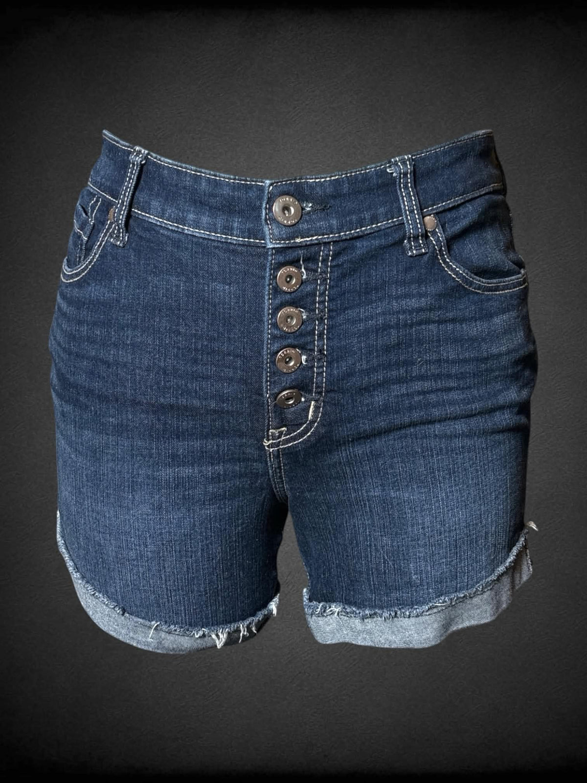 XL Torrid dark blue denim shorts with distressed cuffs