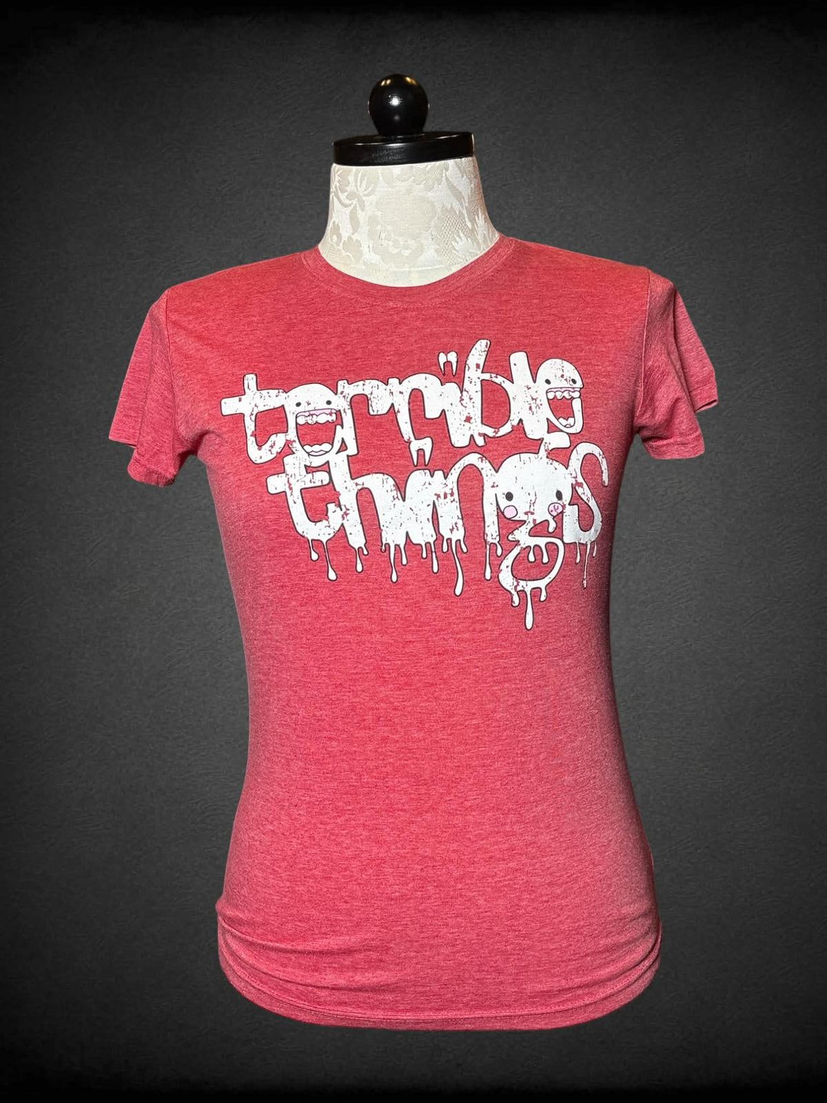 0X Tultex red t shirt with “Terrible Things” monster graphic on front