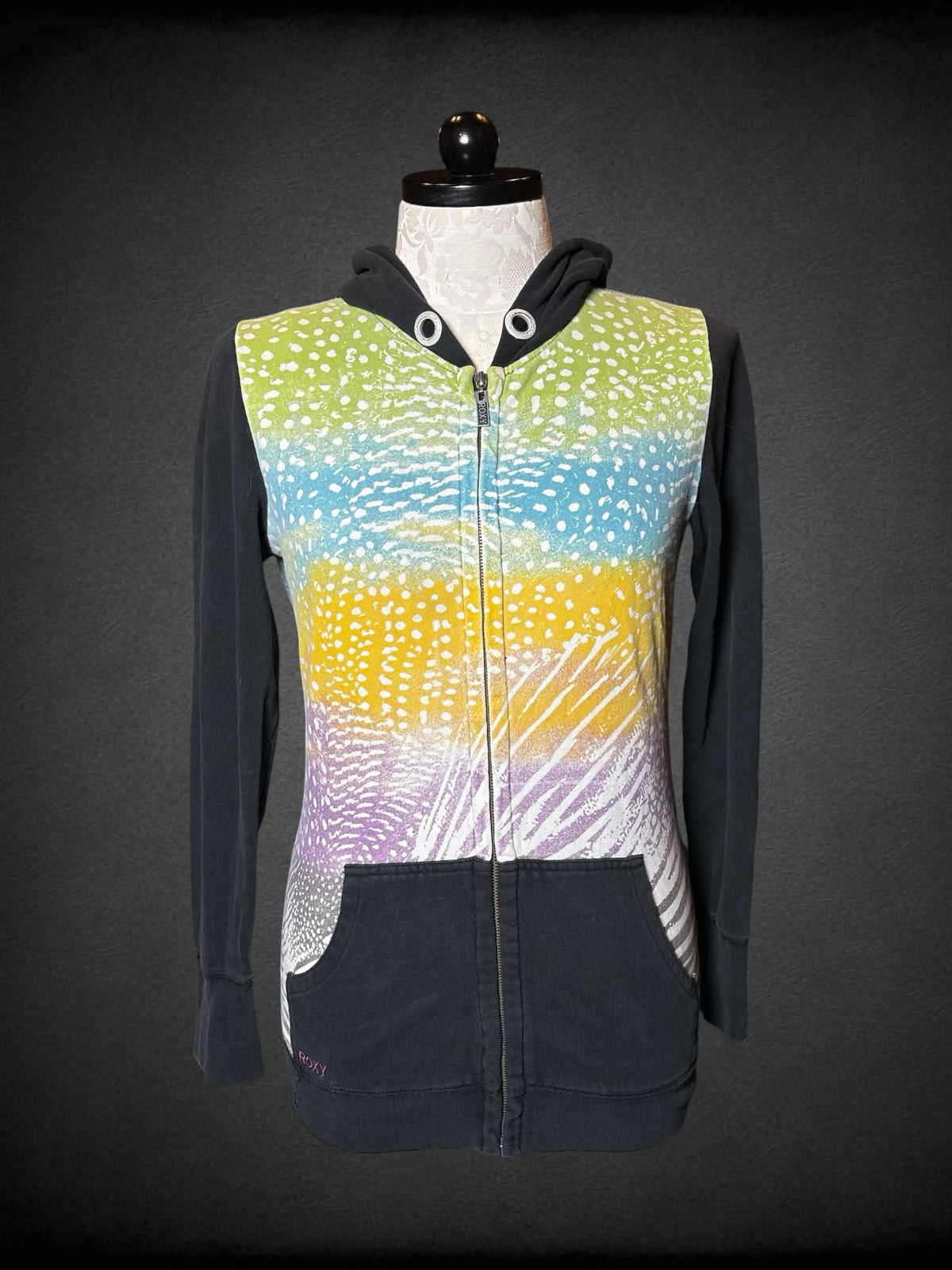 0X Roxy Y2K black & white zip-up hoodie with pastel paint-like design