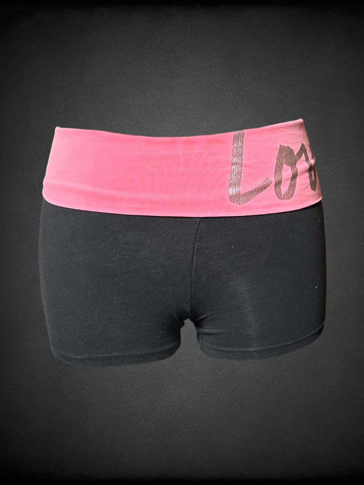 XL Victoria’s Secret black yoga shorts with pink waistband, and “Love Pink” written on the waistband