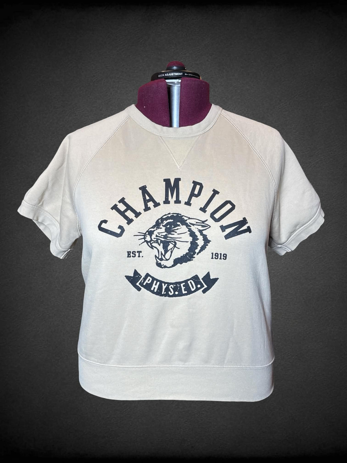2X Champion tan cropped short-sleeve crewneck top with Champion mascot on front