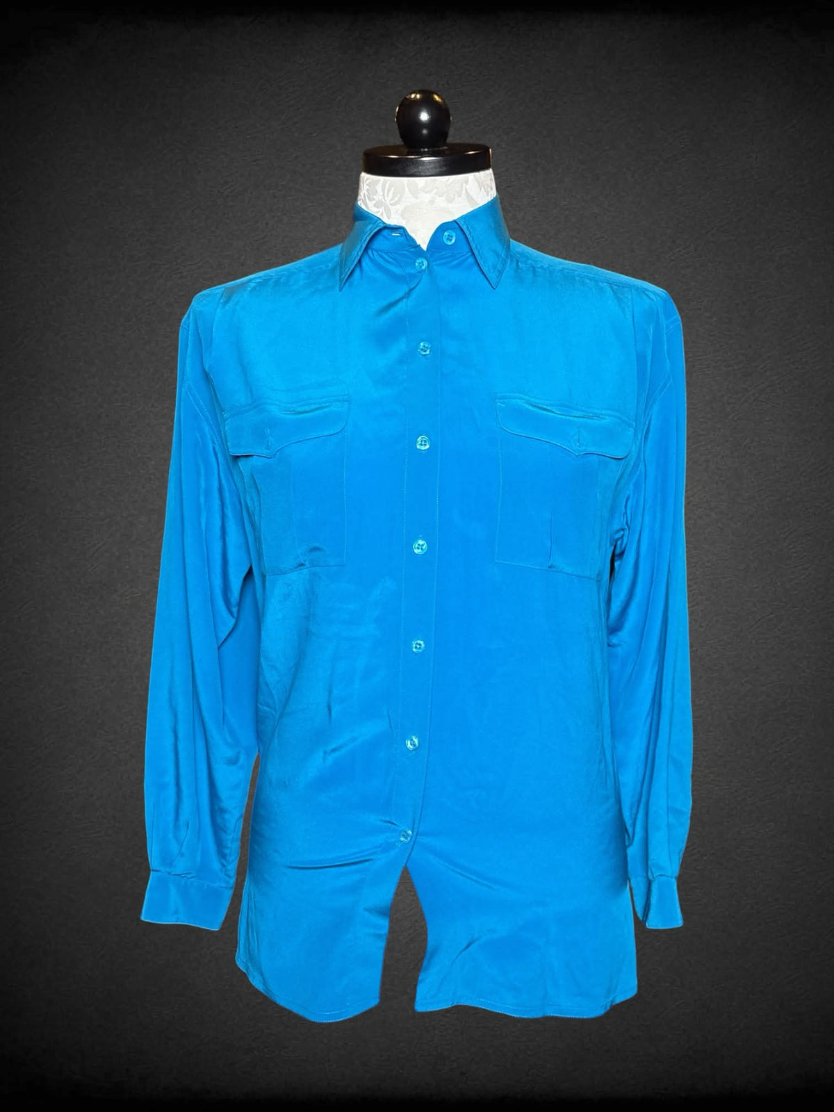 0X Liz Claiborne vintage blue silk button-up shirt with pockets on front
