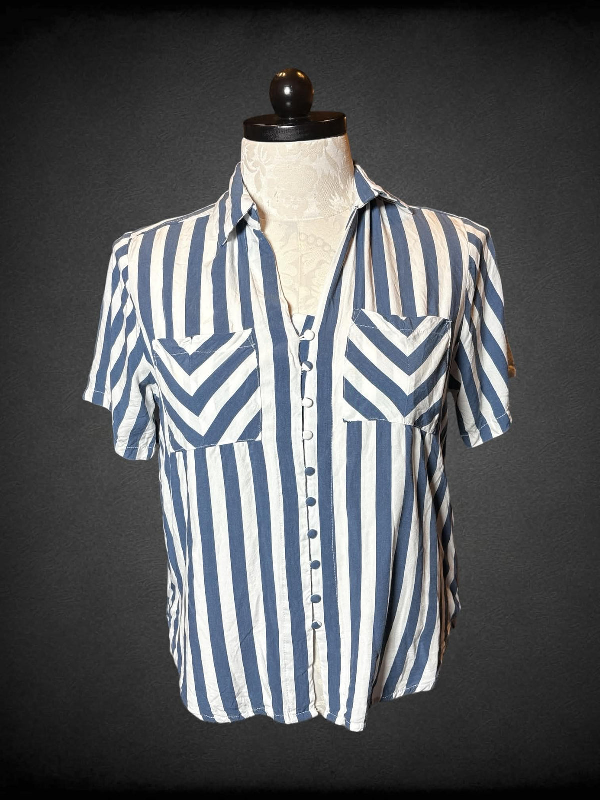 0X Velvet Heart blue & white striped button-up shirt with pockets on front