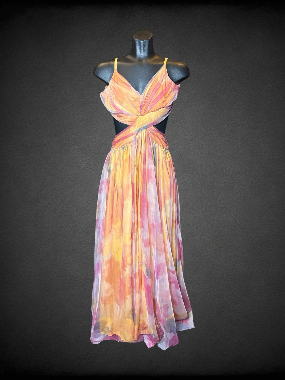 M yellow, pink & orange dress with sheer outer layer, and cutout and zipper on back