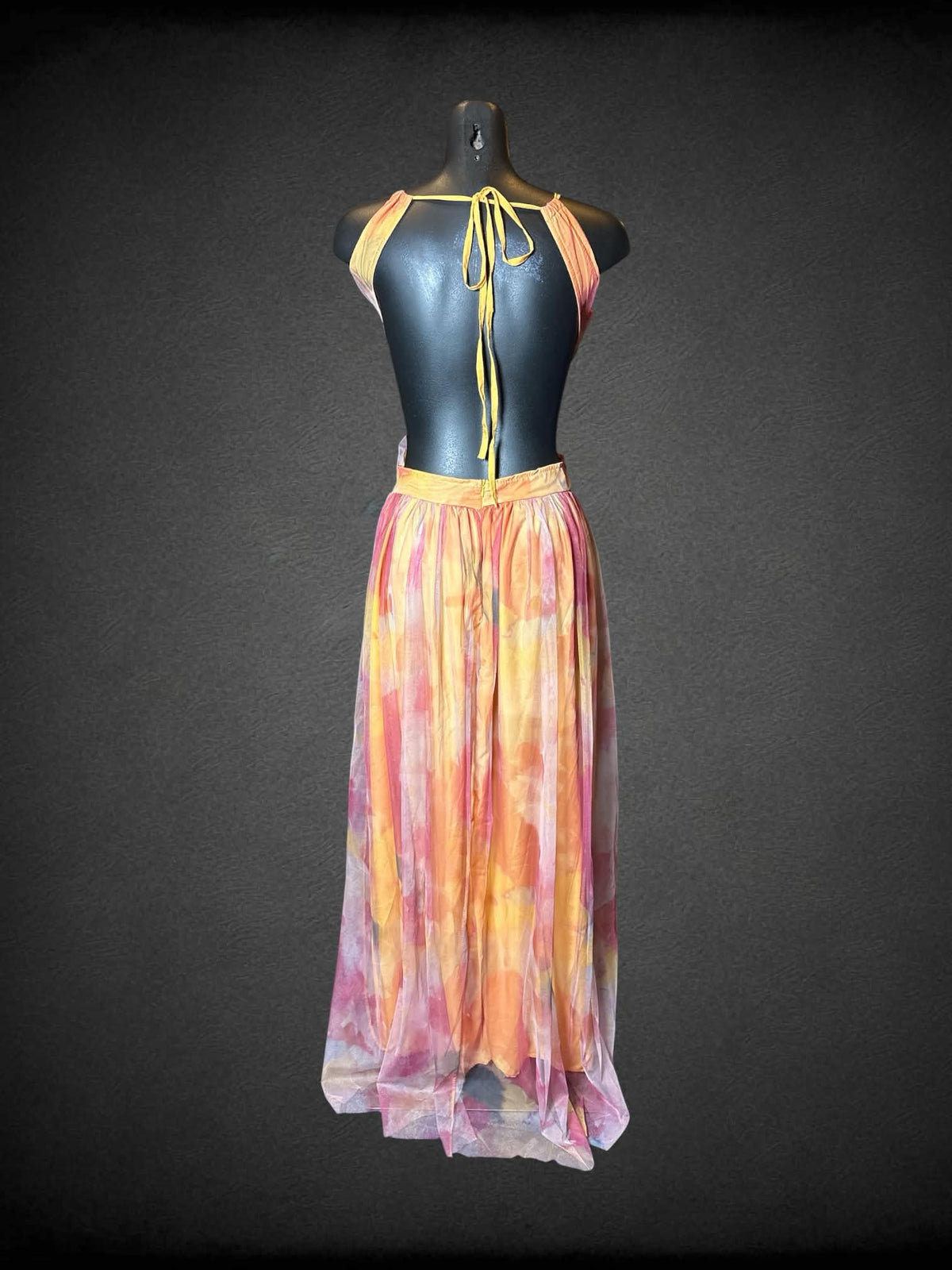 M yellow, pink & orange dress with sheer outer layer, and cutout and zipper on back