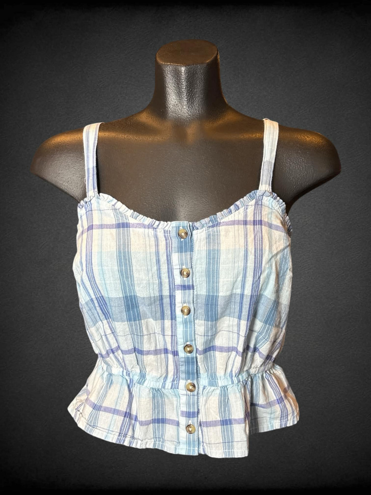 S Lucky Brand blue plaid cropped tank top with buttons on front, and cinched waist