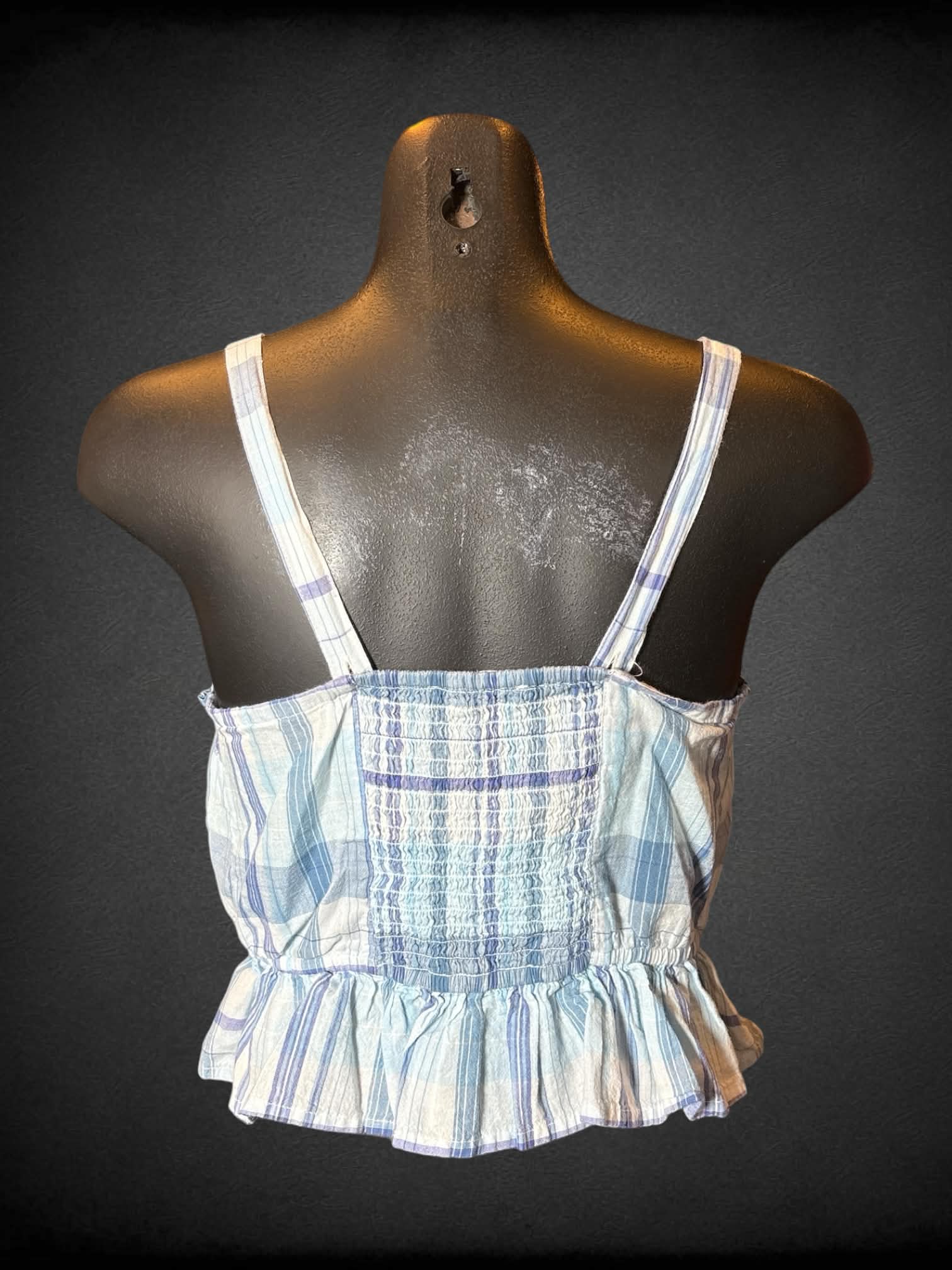 S Lucky Brand blue plaid cropped tank top with buttons on front, and cinched waist