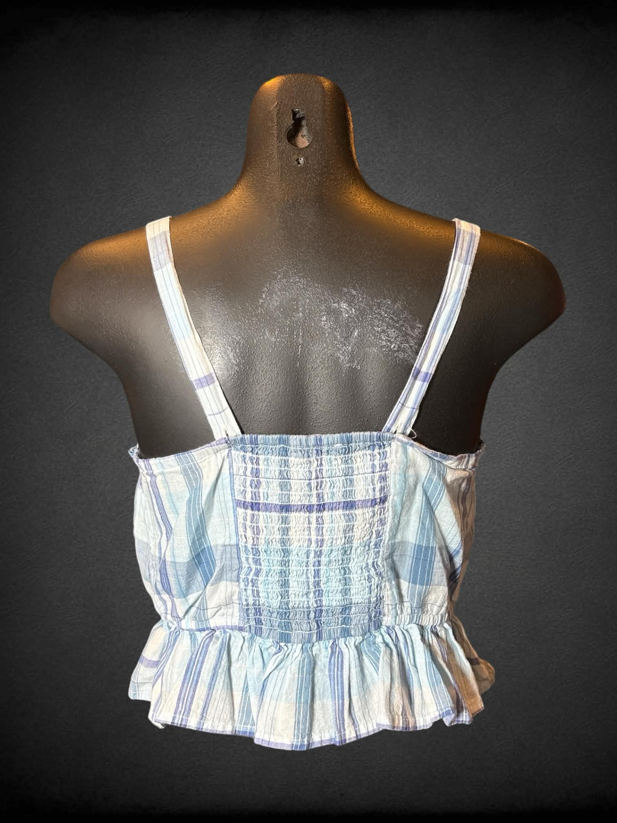 S Lucky Brand blue plaid cropped tank top with buttons on front, and cinched waist