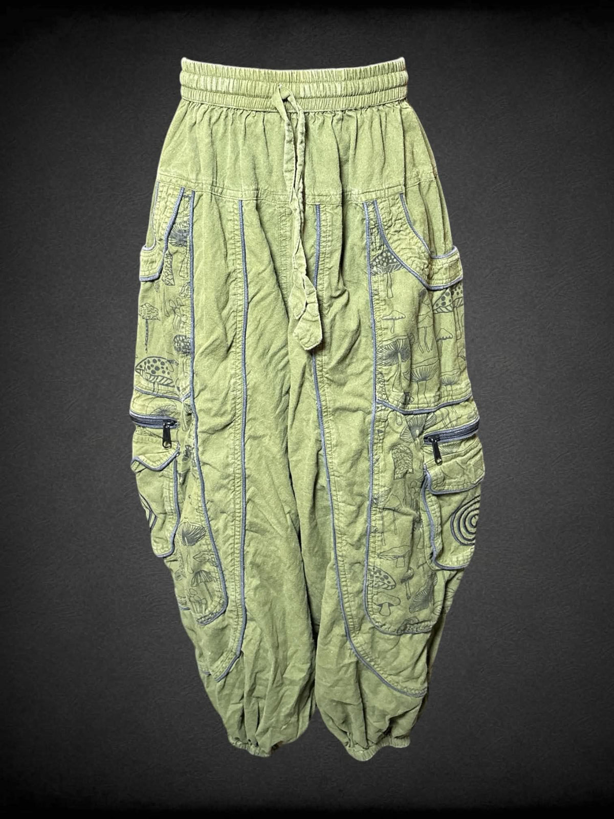 S green high-waisted baggy cargo pants with mushroom pattern on sides, zipper pockets, and stretch waist