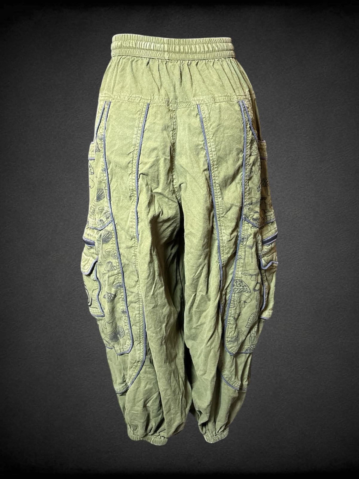 S green high-waisted baggy cargo pants with mushroom pattern on sides, zipper pockets, and stretch waist