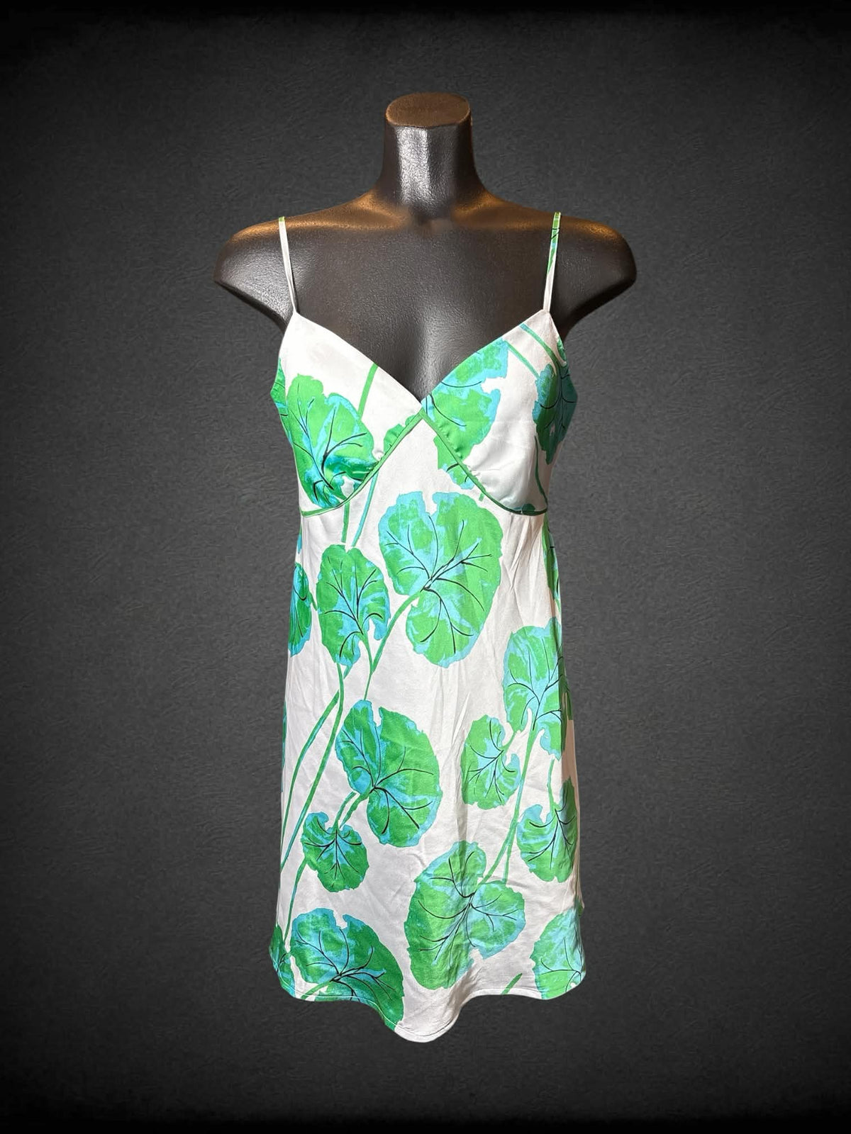M Diane Von Furstenberg white slip dress with green leaf pattern, and adjustable straps