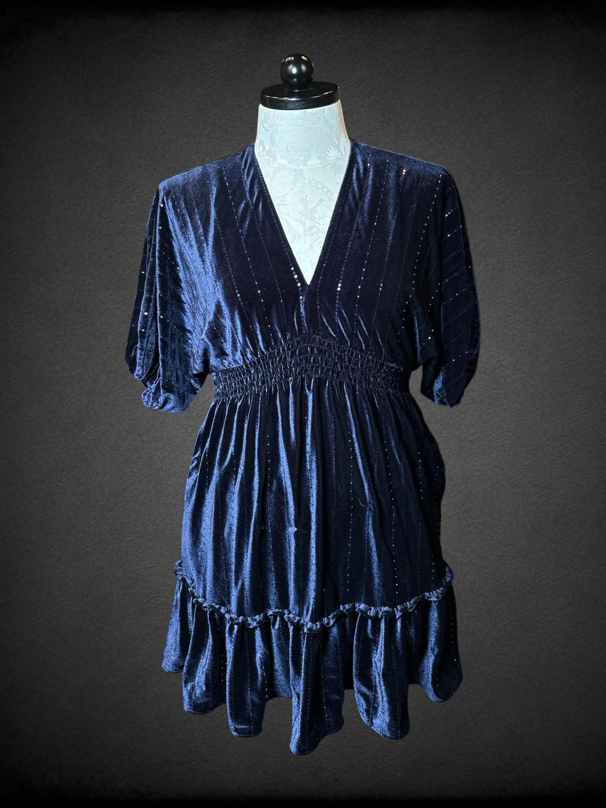 XL Taylor royal blue velvet short dress with beaded detailing, empire waist seem, and pockets