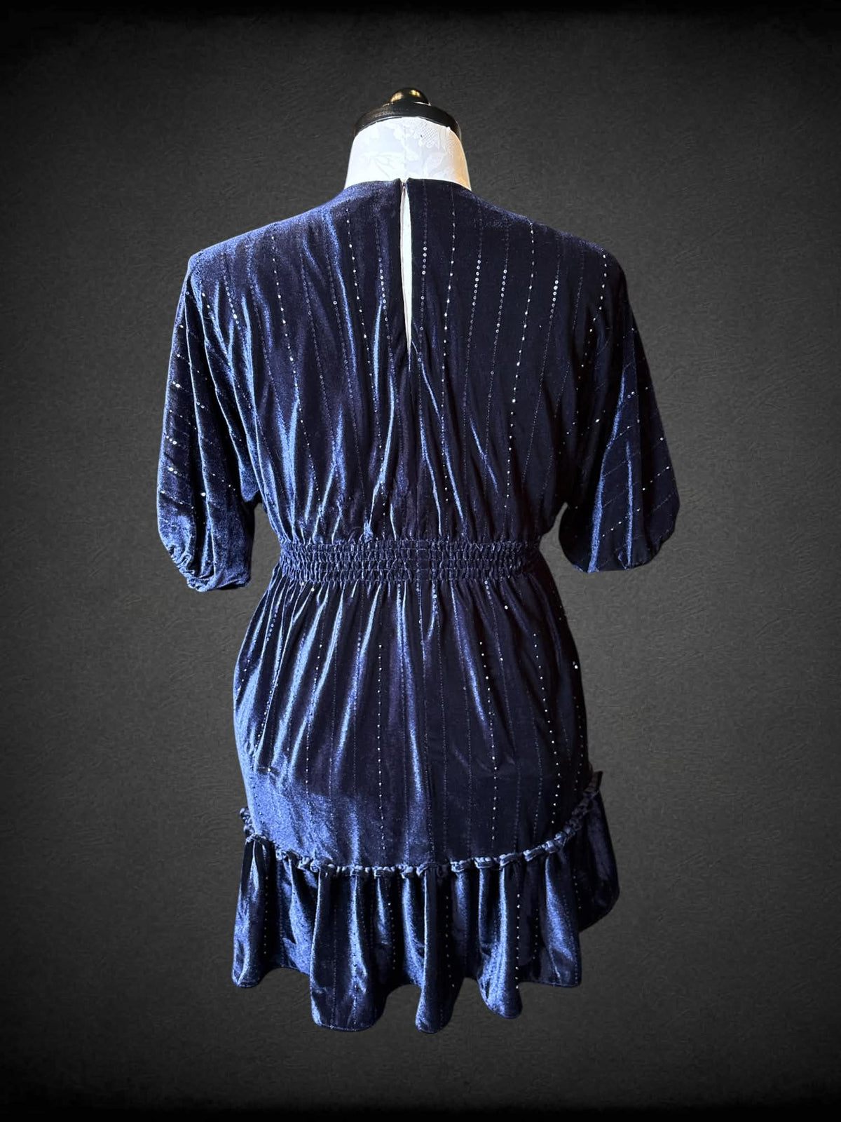 XL Taylor royal blue velvet short dress with beaded detailing, empire waist seem, and pockets