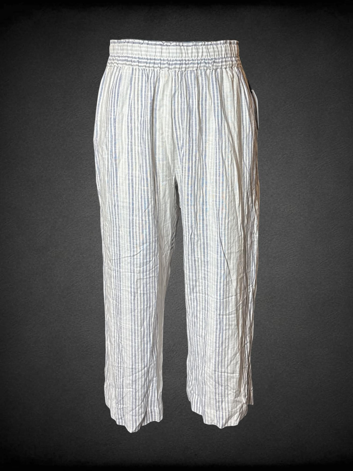 0X Dex NWT white pants with blue & grey striped design, pockets, and stretch waist