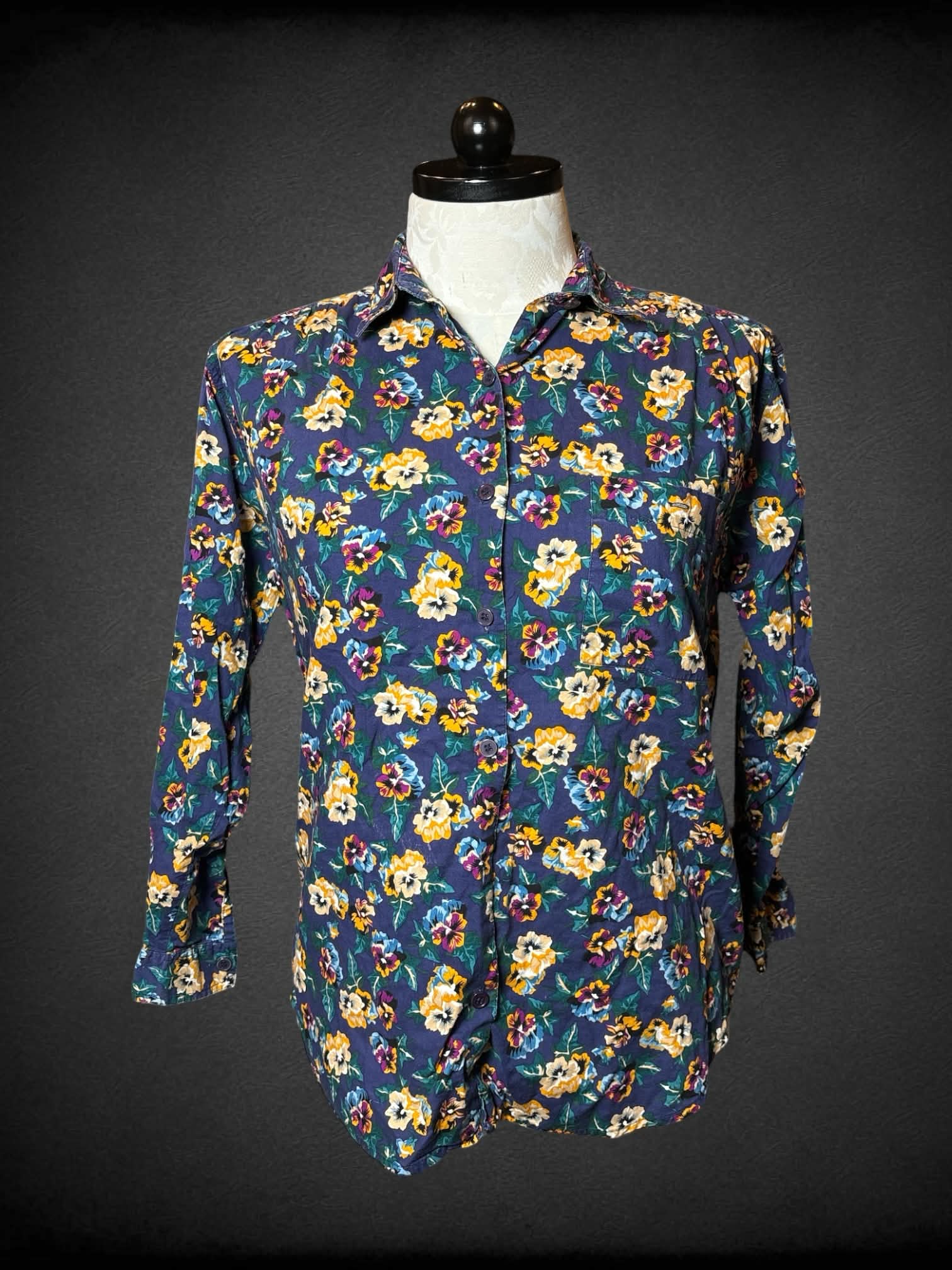1X Honors vintage blue button-up shirt with colorful floral pattern, and pocket on front