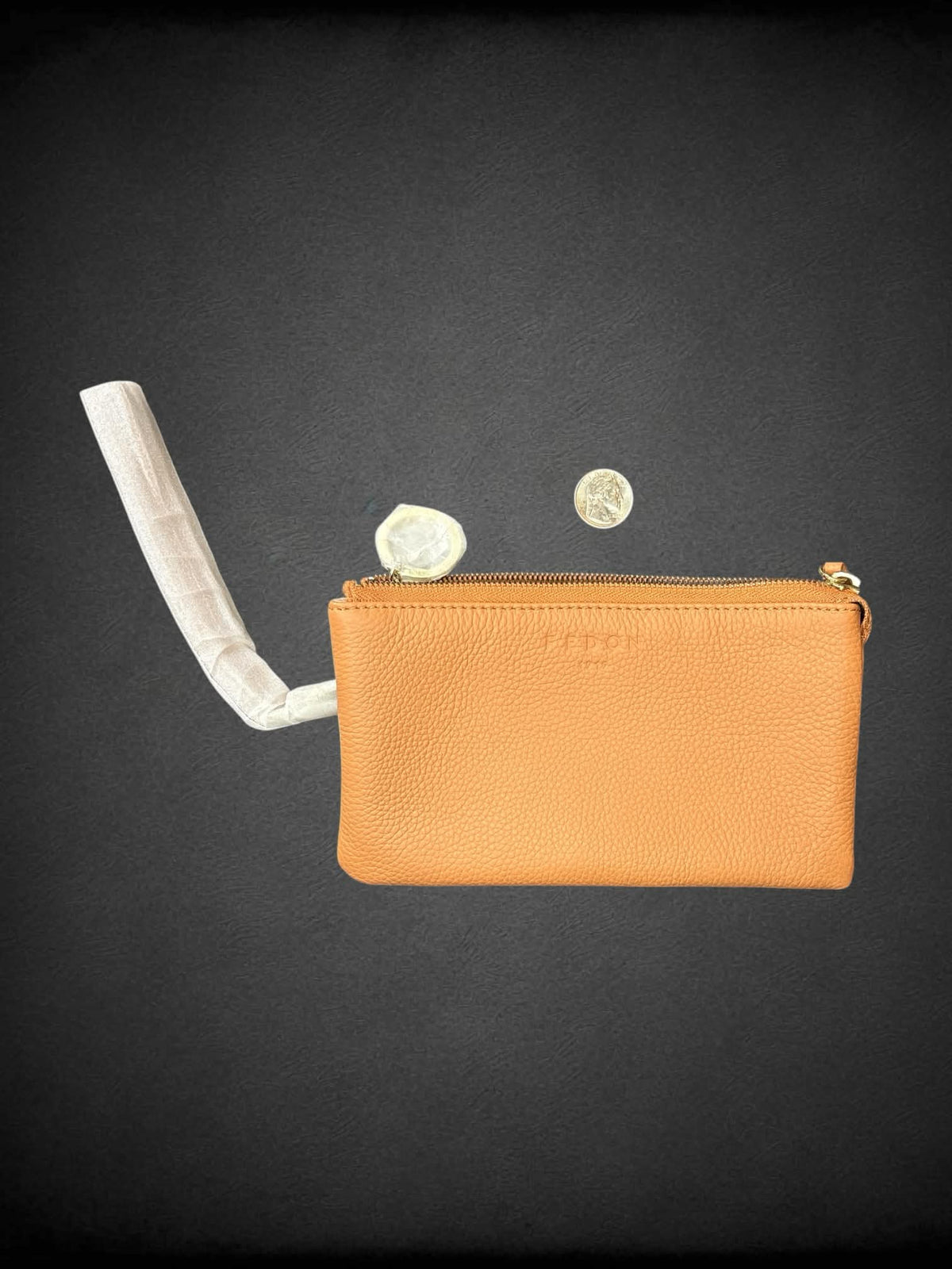 Fedon new in box tan leather hand bag with zipper pockets and wallet inside