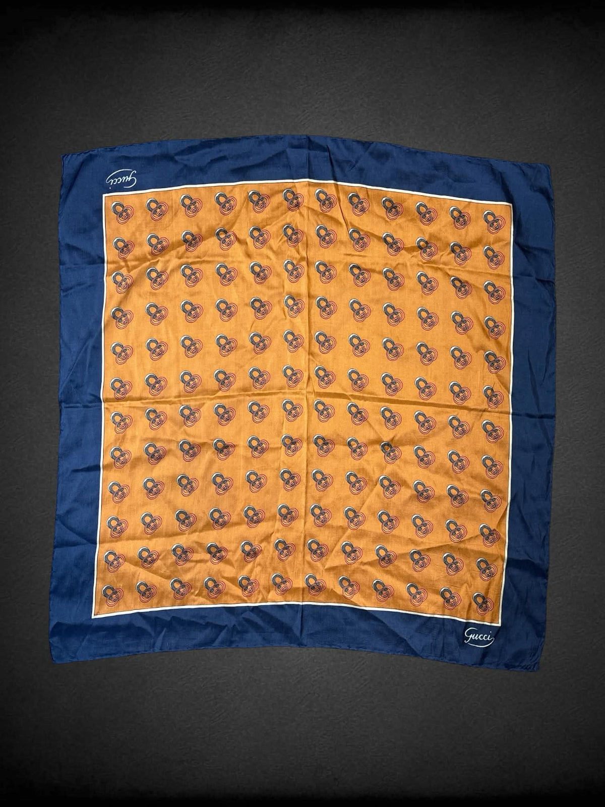 22 x 22 inch Gucci rare designer vintage silk scarf with horseshoe pattern, and blue border