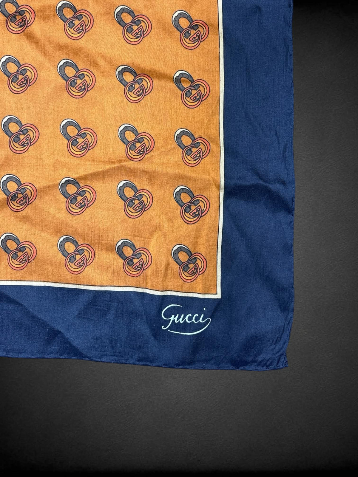22 x 22 inch Gucci rare designer vintage silk scarf with horseshoe pattern, and blue border