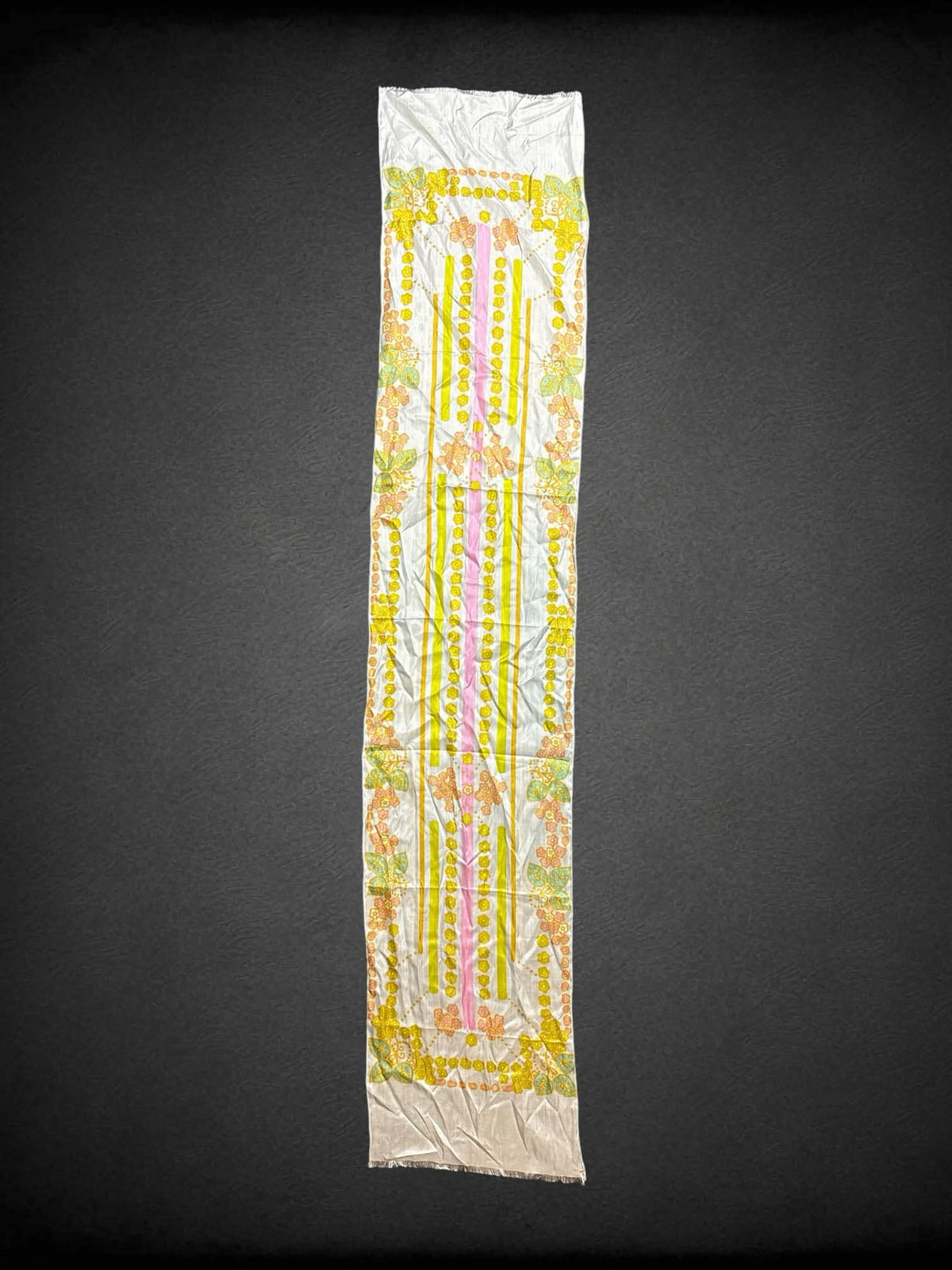 10 x 54 inch white sheer “silk-like” scarf with flower and striped design