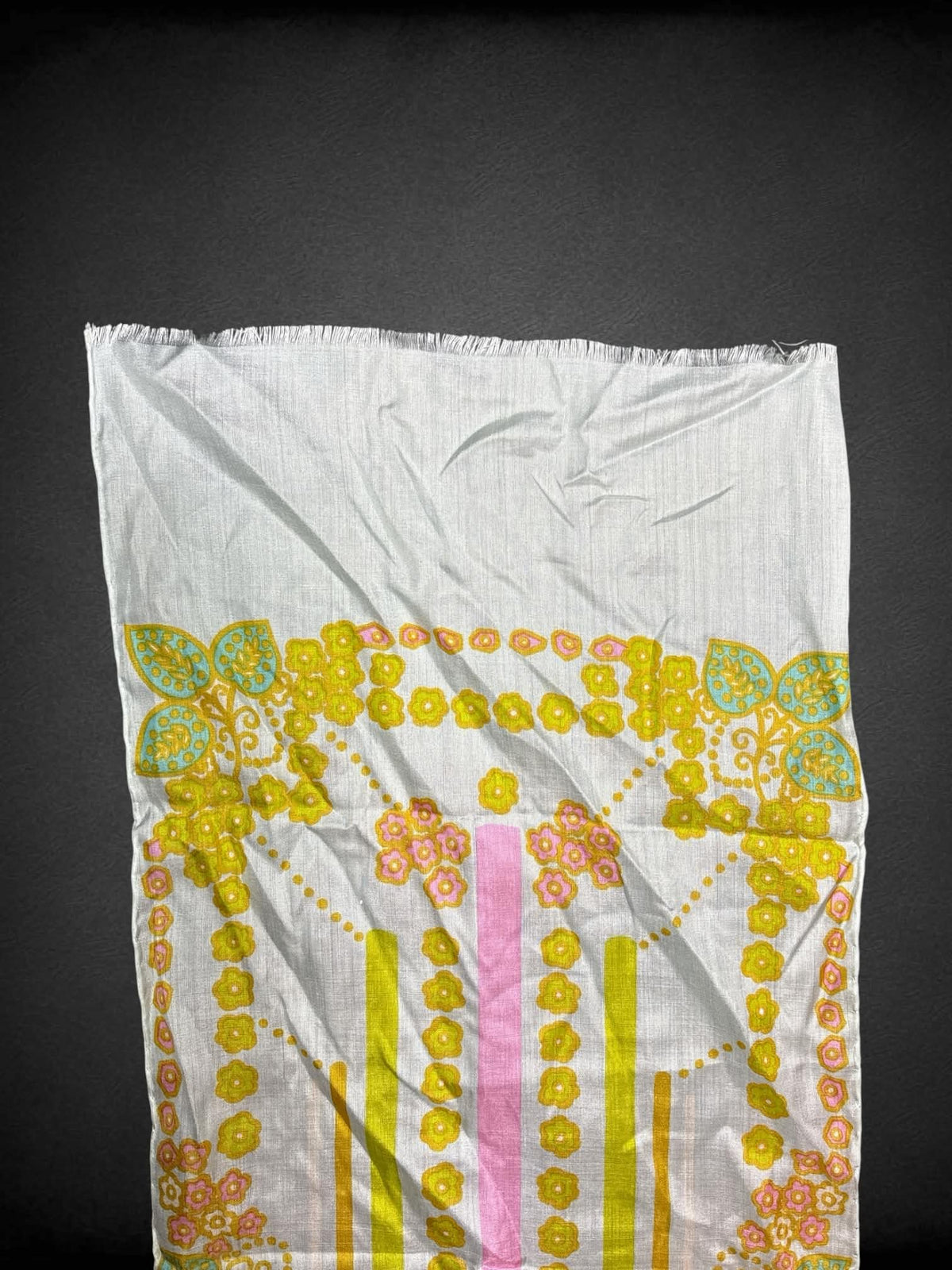 10 x 54 inch white sheer “silk-like” scarf with flower and striped design