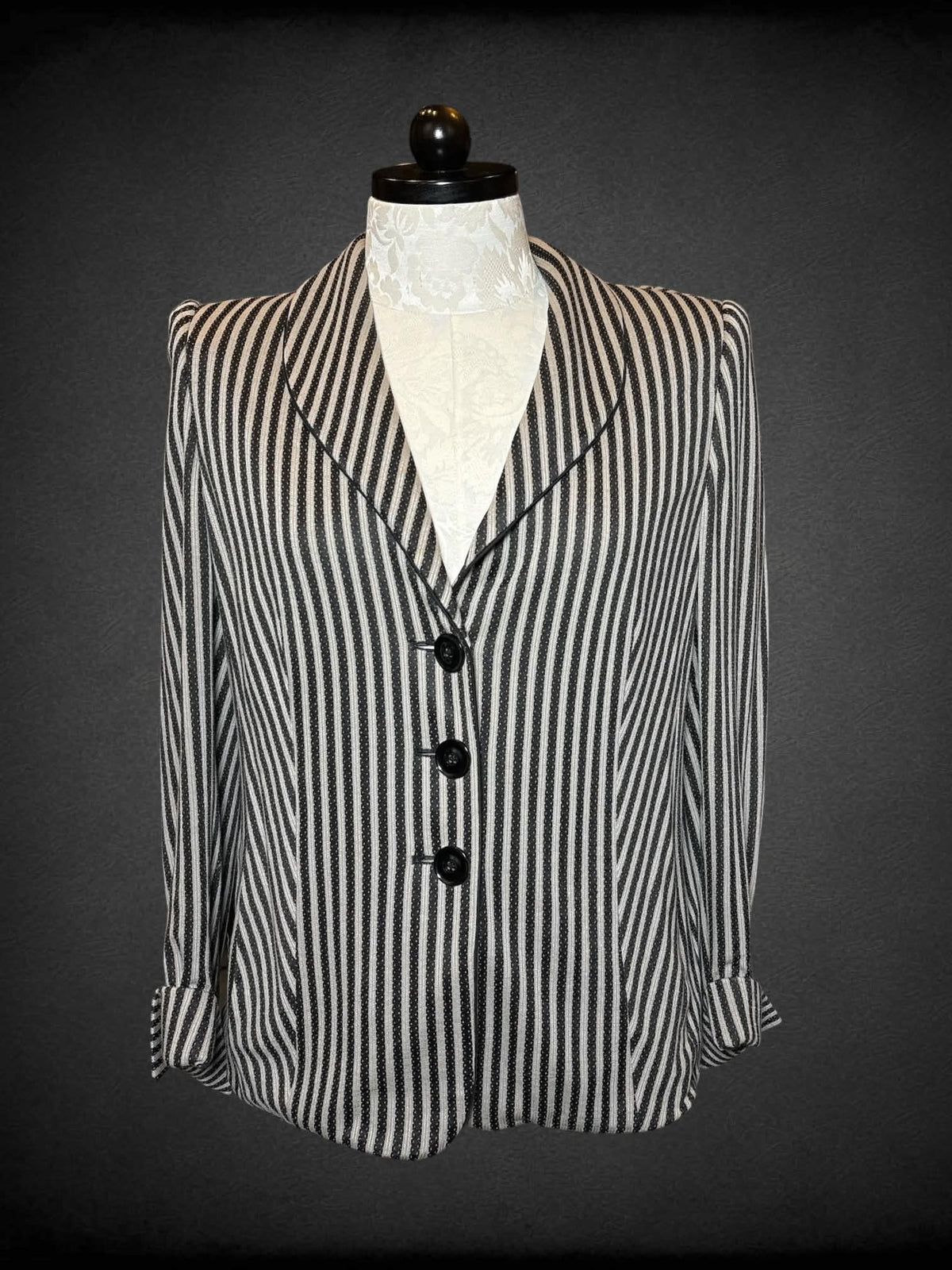 1X Basler Selection vintage black & grey striped button-up coat with padded shoulders, and pockets