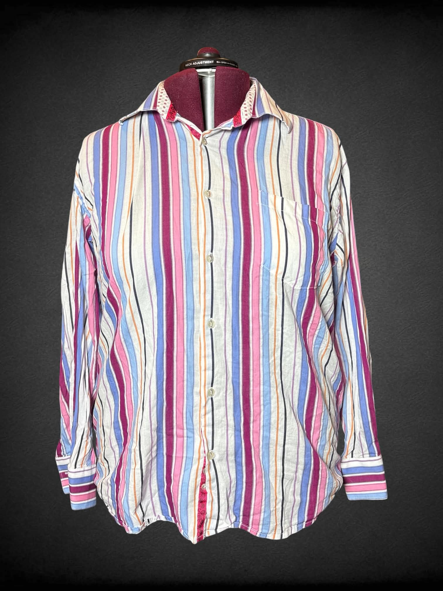 2X XMI white, blue & pink striped button-up shirt with pocket on front