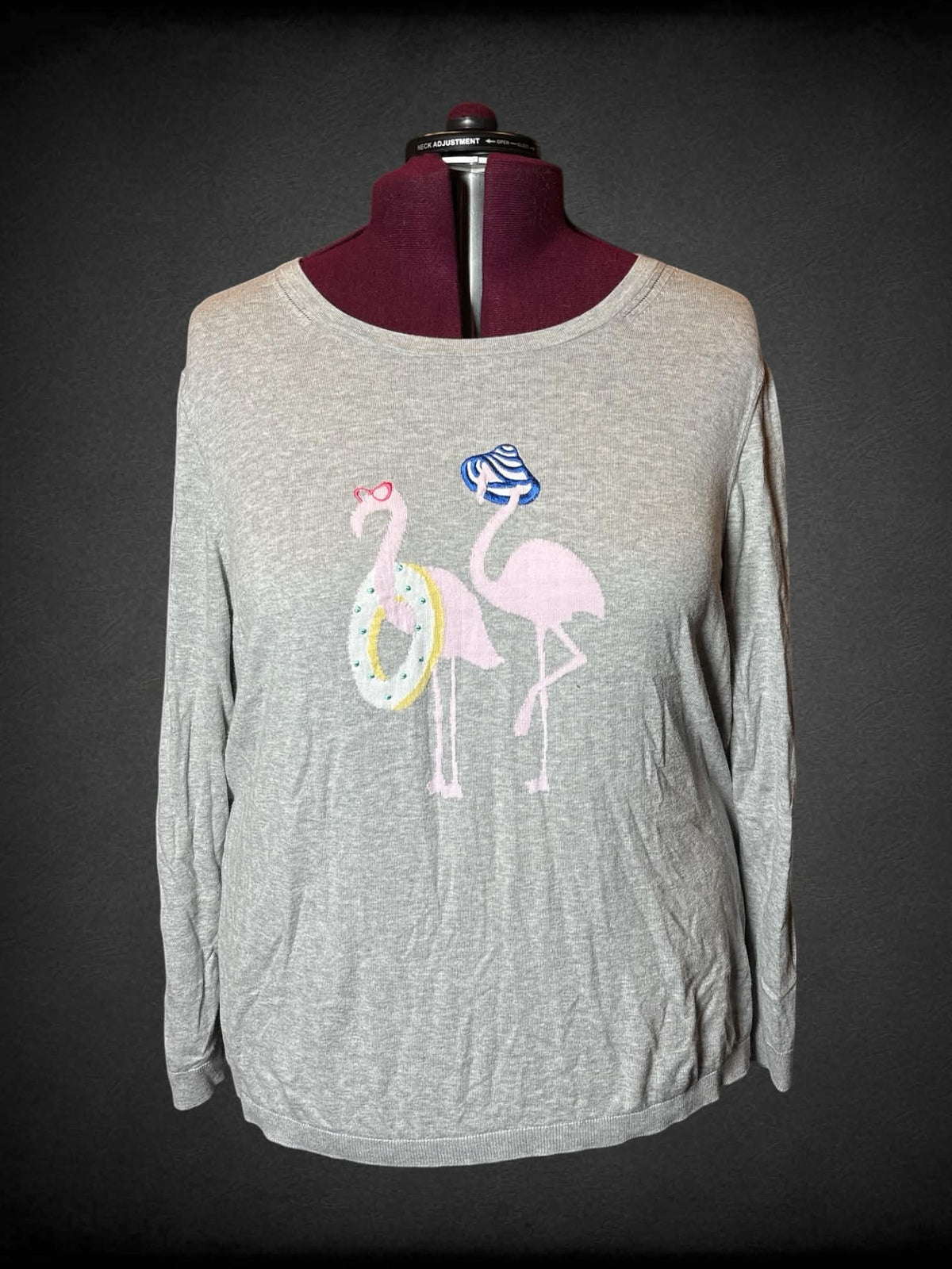 3X Talbots grey long-sleeve knit top with flamingo graphic on front, and small cutout on back