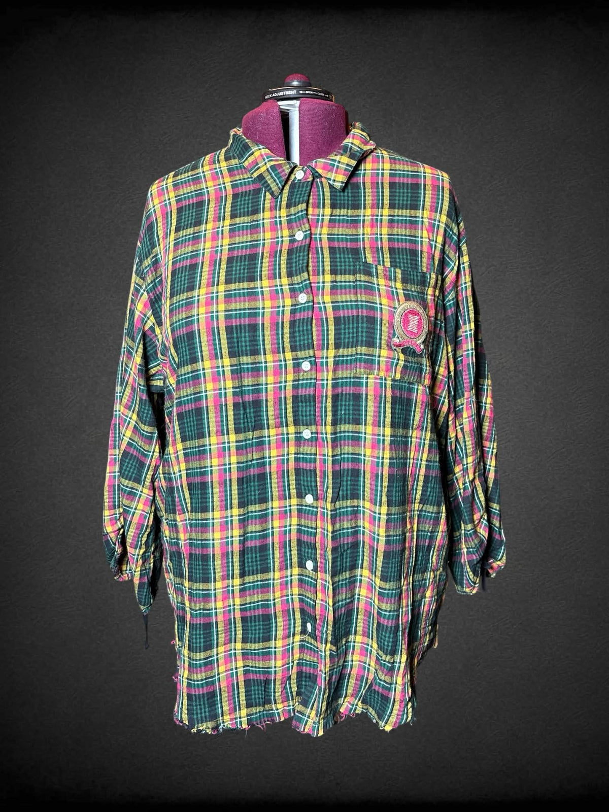 3X Savage X Fenty green, yellow & pink plaid flannel with distressed hem, cinched sleeves, and embroidered “Savage X Fenty” on front pocket