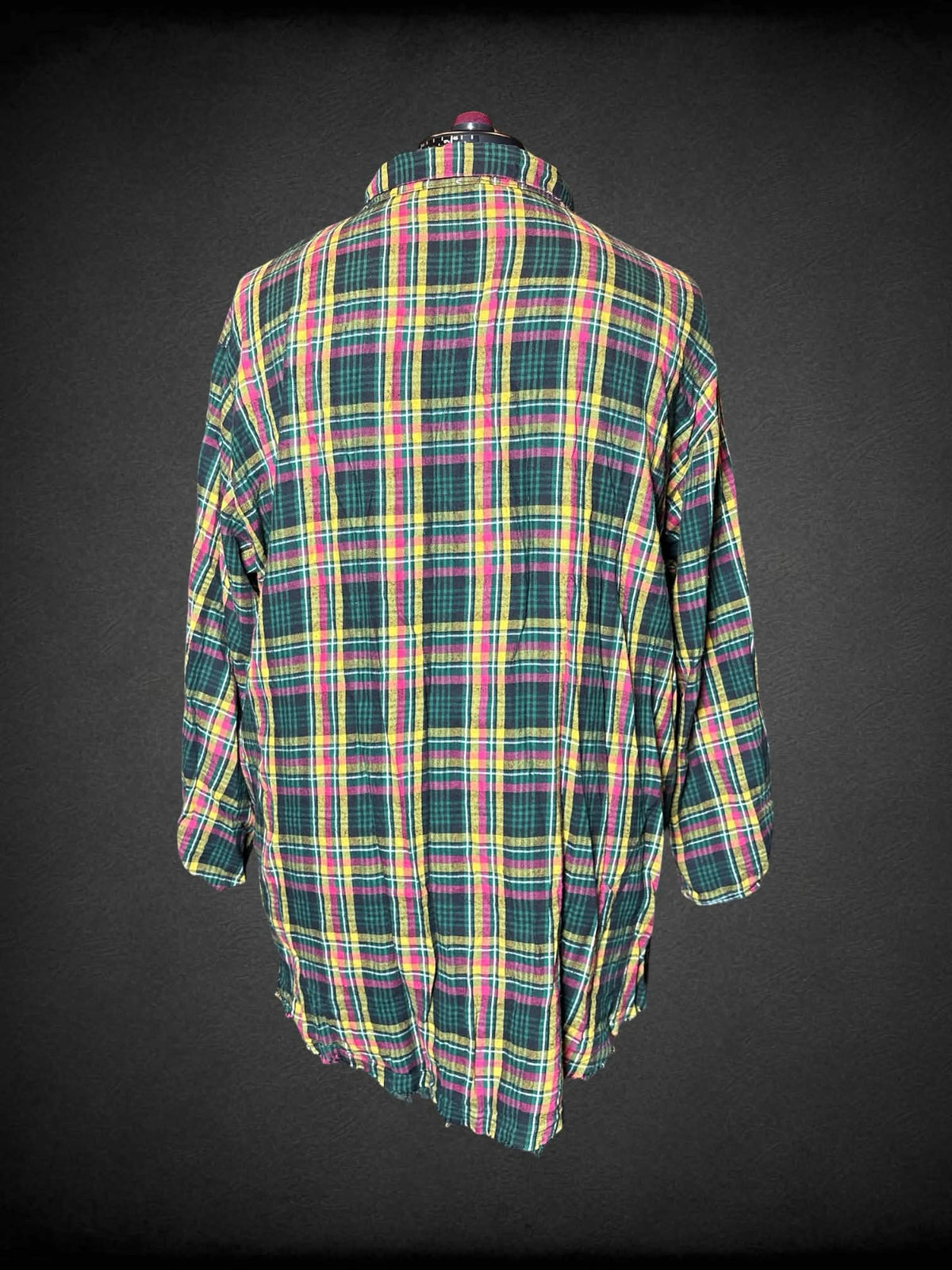 3X Savage X Fenty green, yellow & pink plaid flannel with distressed hem, cinched sleeves, and embroidered “Savage X Fenty” on front pocket