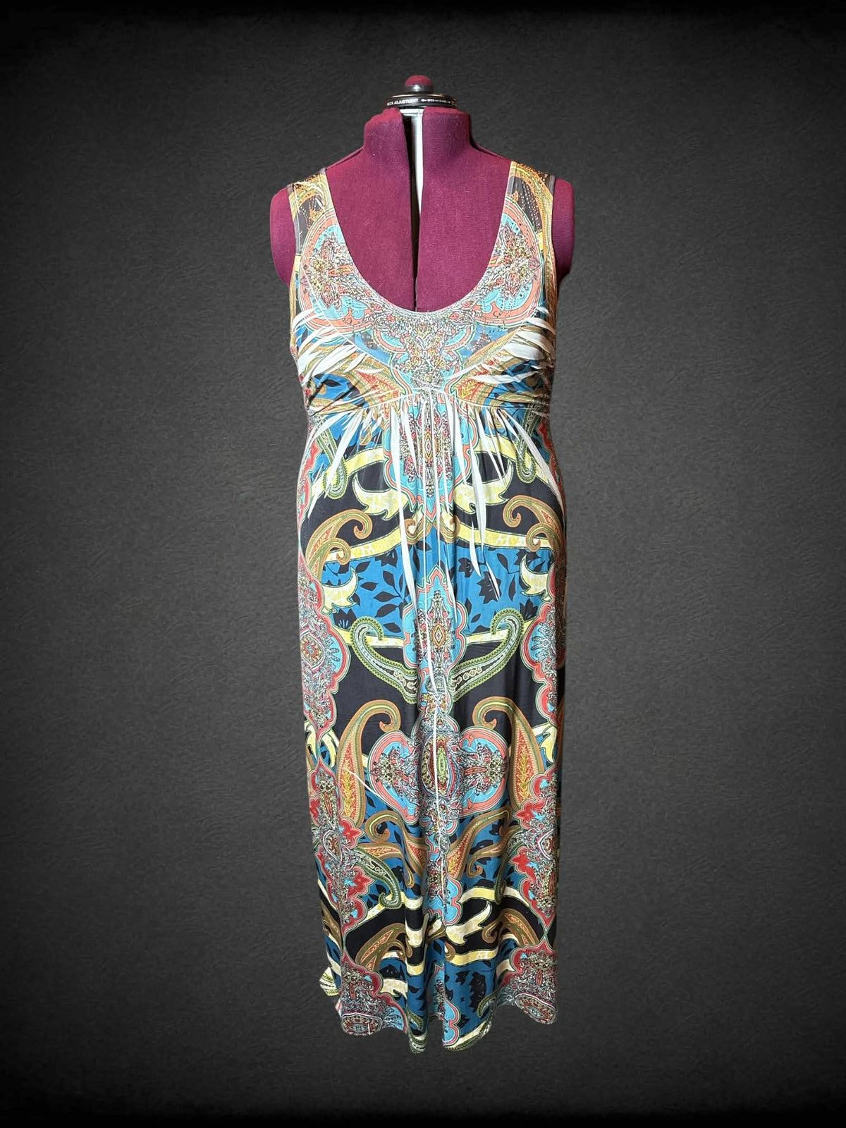 3X Apt 9 Y2K soft beige dress with colorful paisley and floral design, and beaded detailing on front