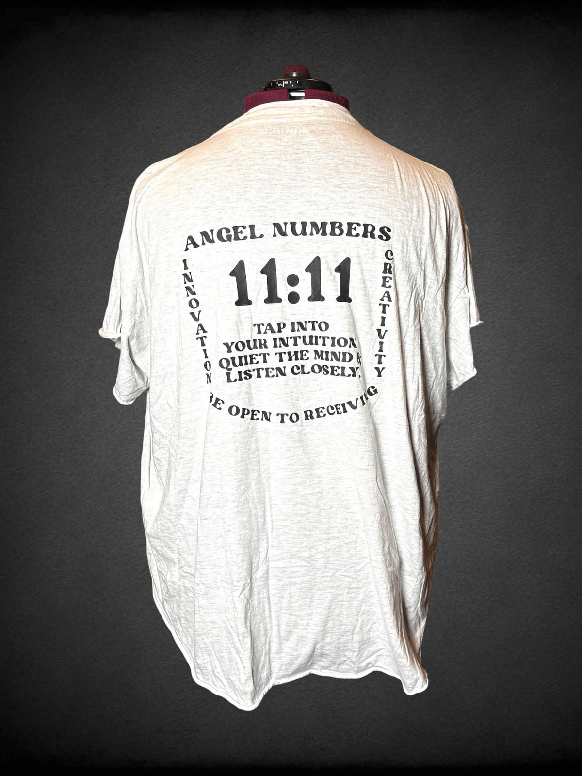 4X Pebby Forevee light heather grey t shirt with “11:11” on front and Angel Numbers writing on back