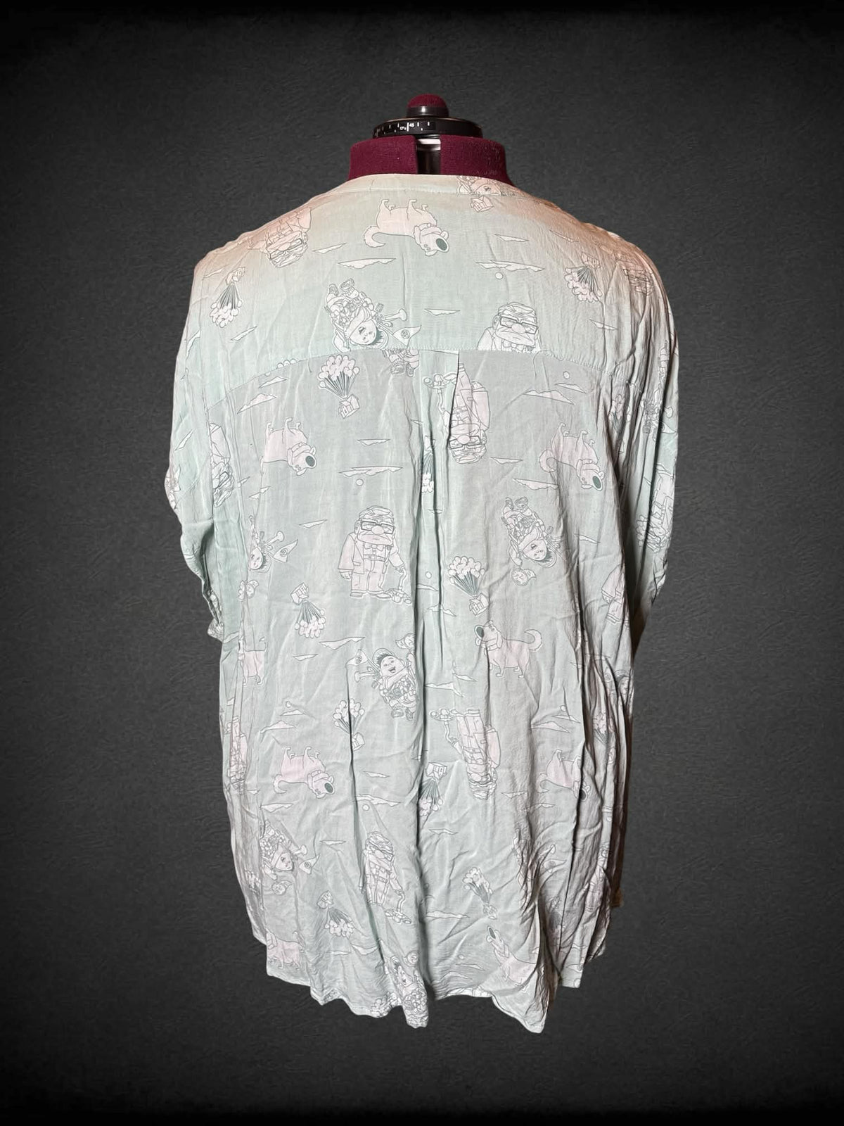 4X Disney Pixar mint green button-up soft shirt with characters from “Up” pattern, and pockets on front