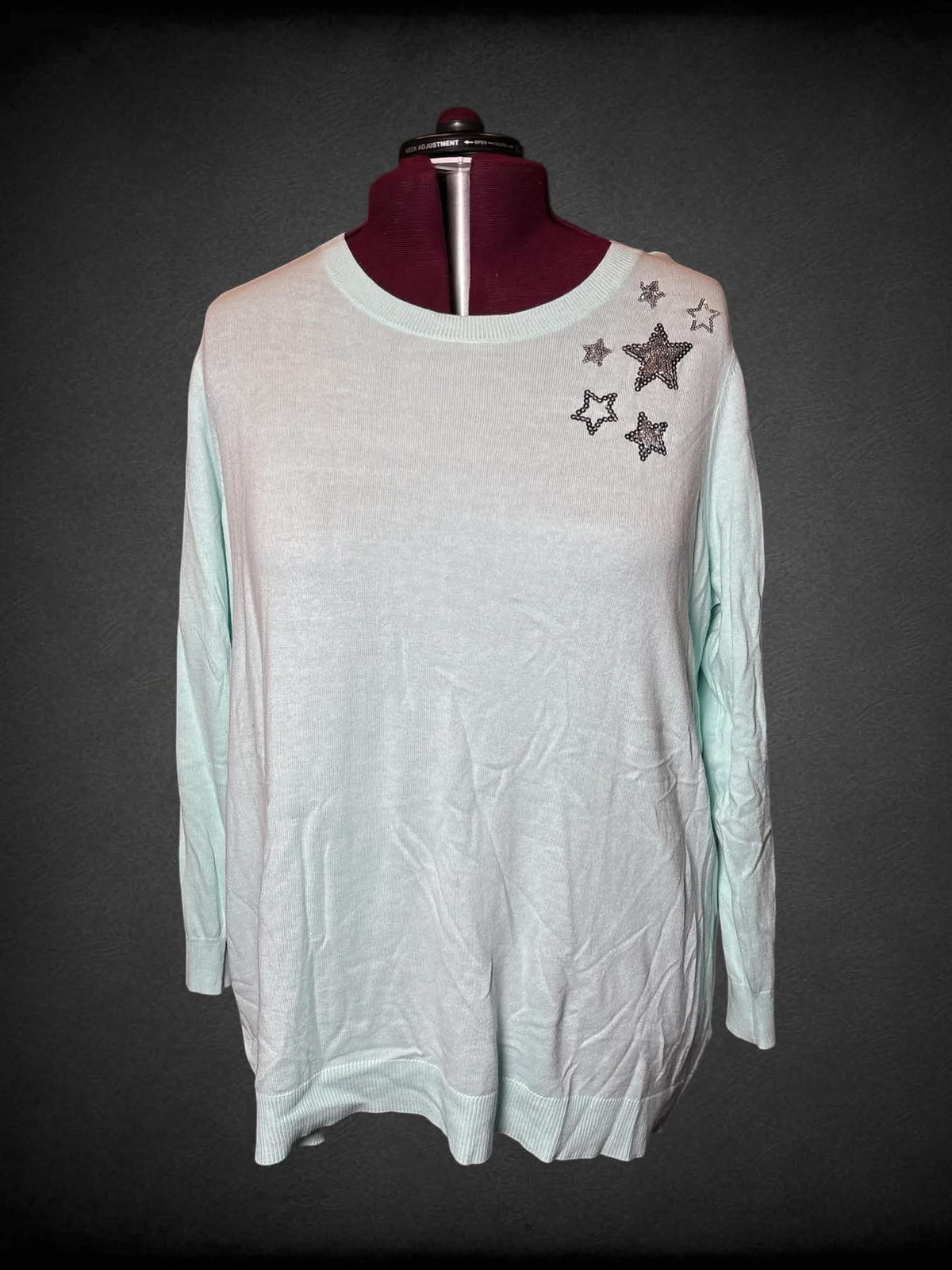 4X Lane Bryant mint green semi-sheer long-sleeve sweater with silver sequined star design on front