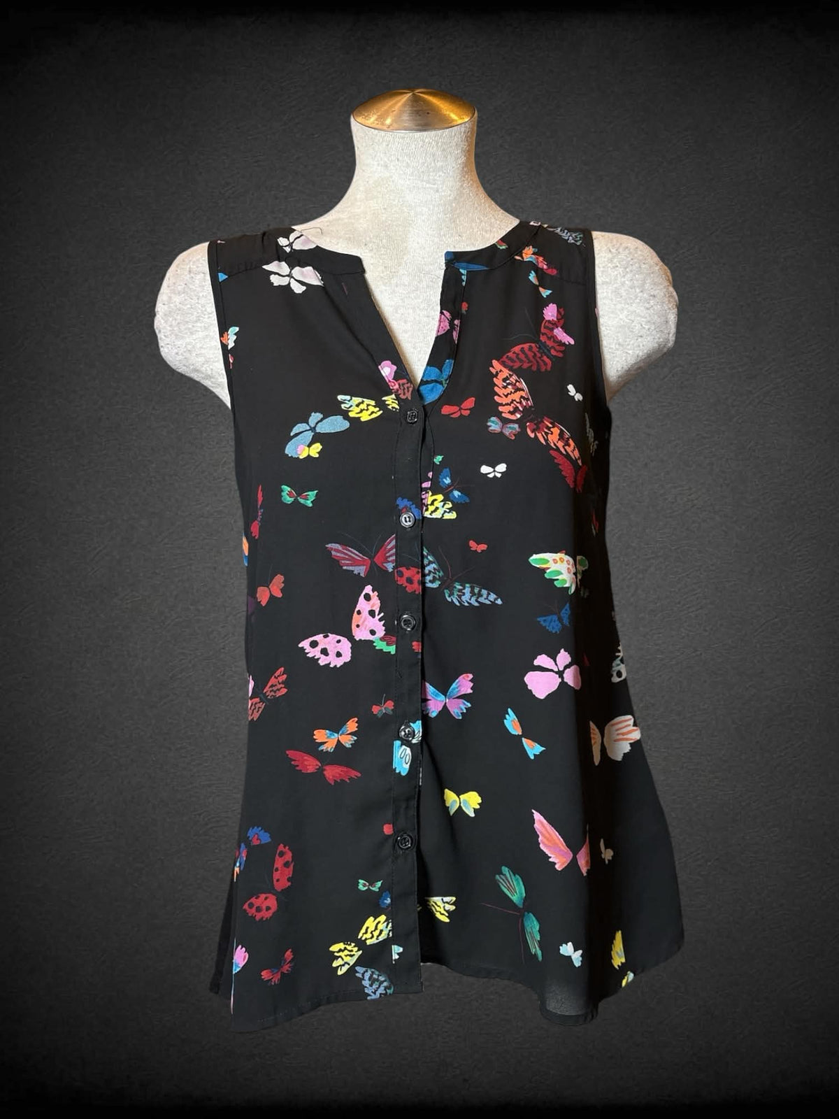 L Spense black button-up flowy blouse with butterfly design on front