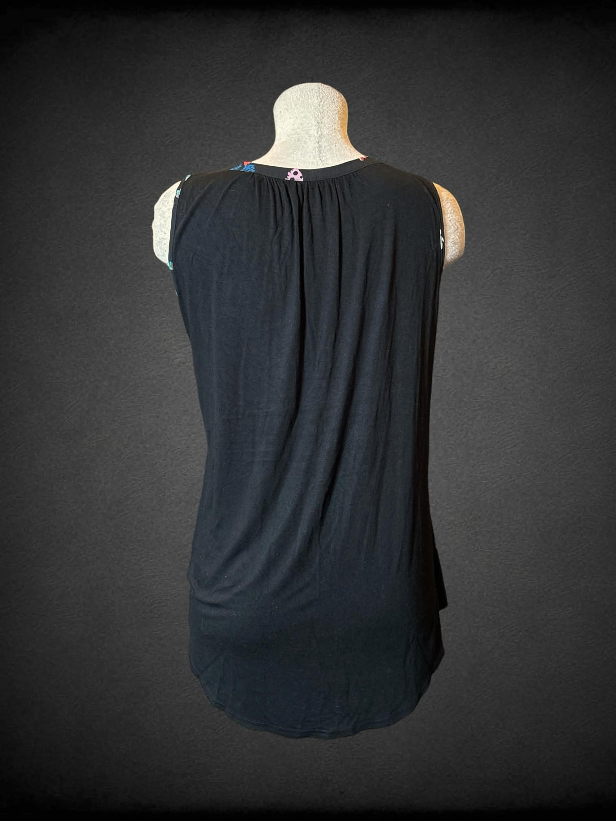 L Spense black button-up flowy blouse with butterfly design on front