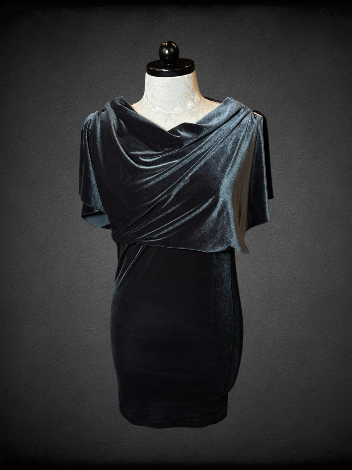 XL London Times green velvet short dress with cut out on back, and folded cowl-neck design on front