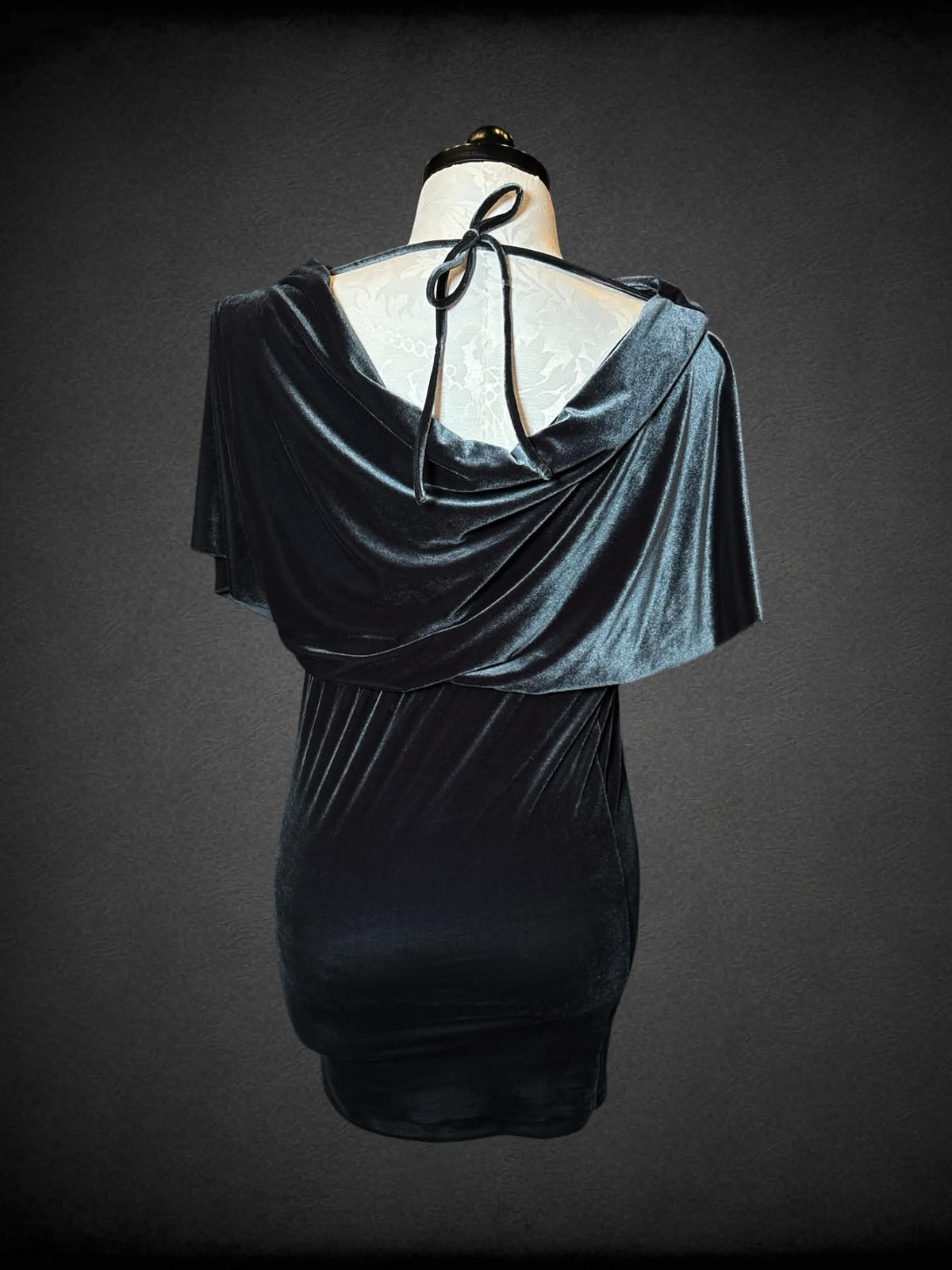 XL London Times green velvet short dress with cut out on back, and folded cowl-neck design on front
