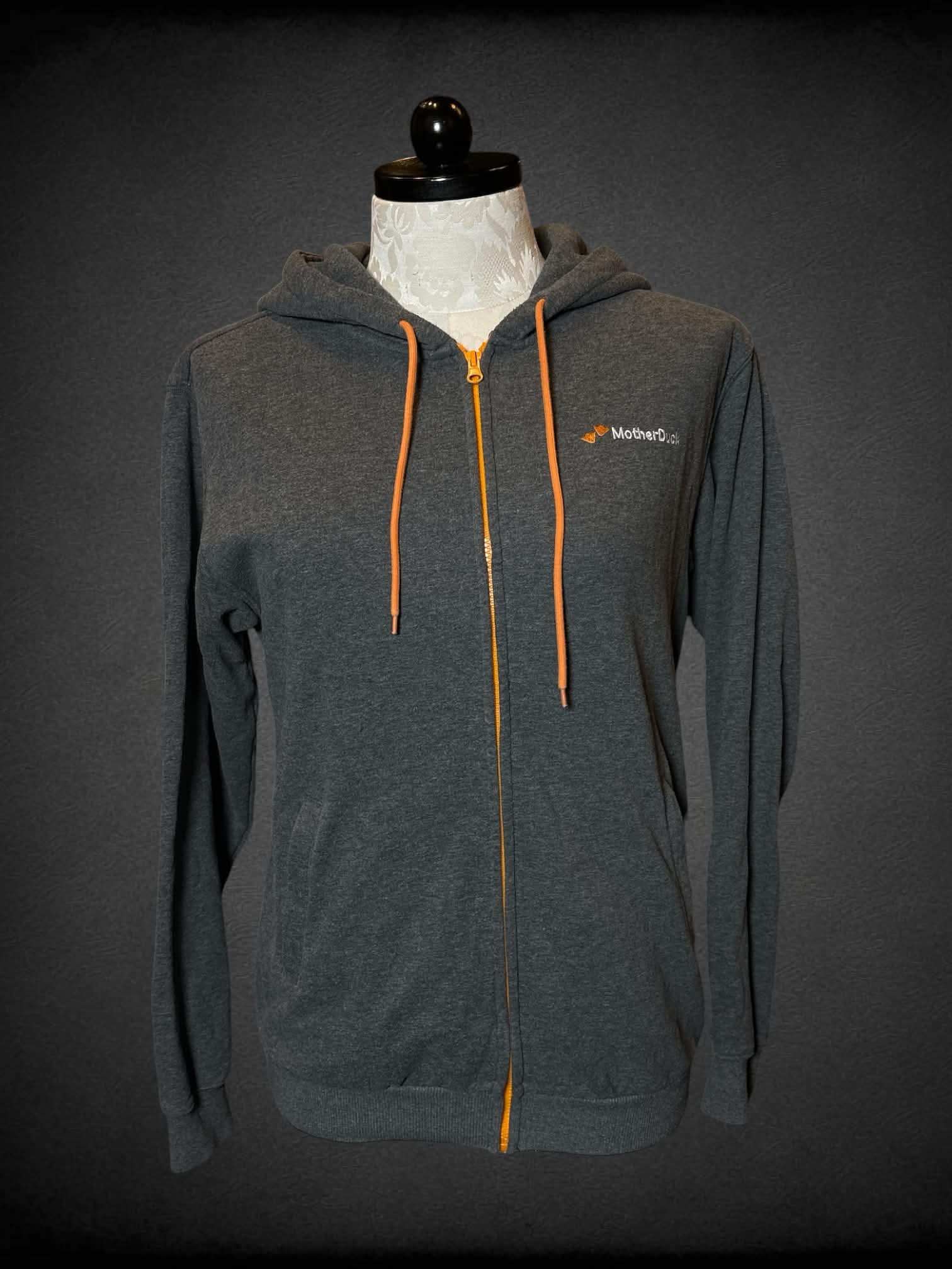 1X Mother Duck grey zip-up hoodie with zipper pockets on front
