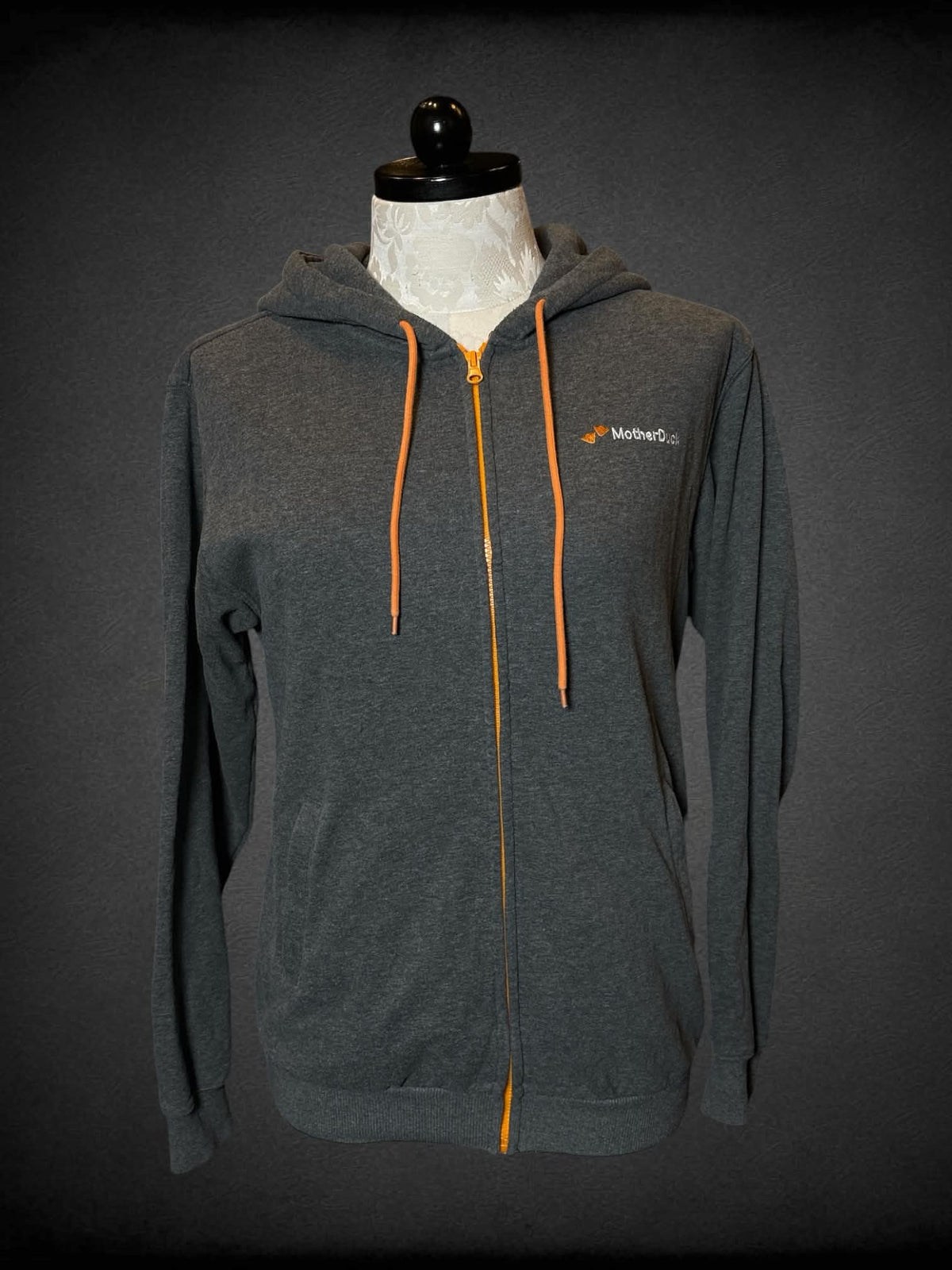 1X Mother Duck grey zip-up hoodie with zipper pockets on front