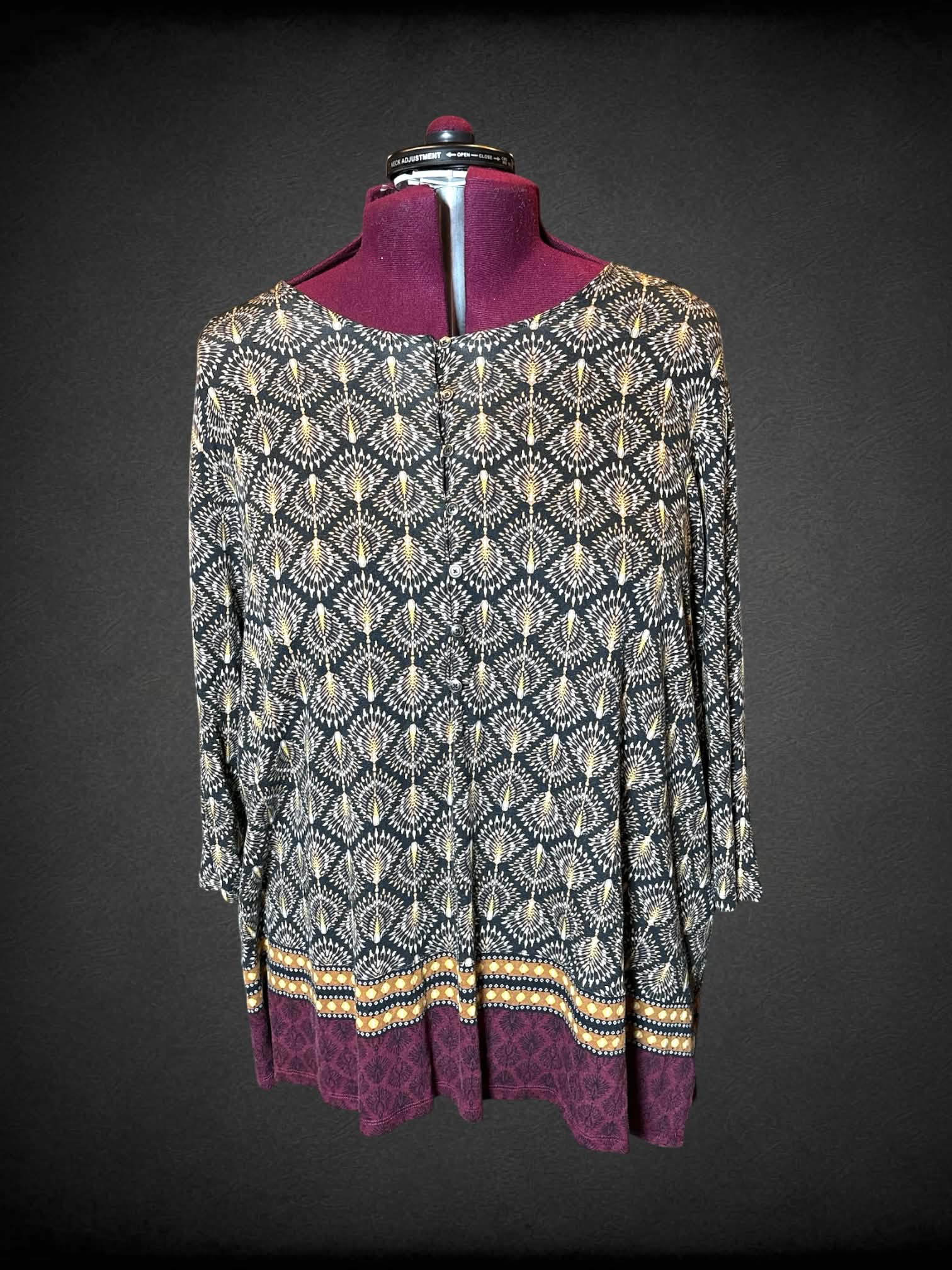 3X J. Jill black flowy blouse with buttons on front, and ornamental pattern