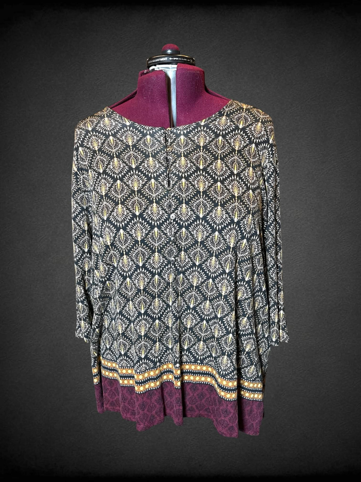 3X J. Jill black flowy blouse with buttons on front, and ornamental pattern