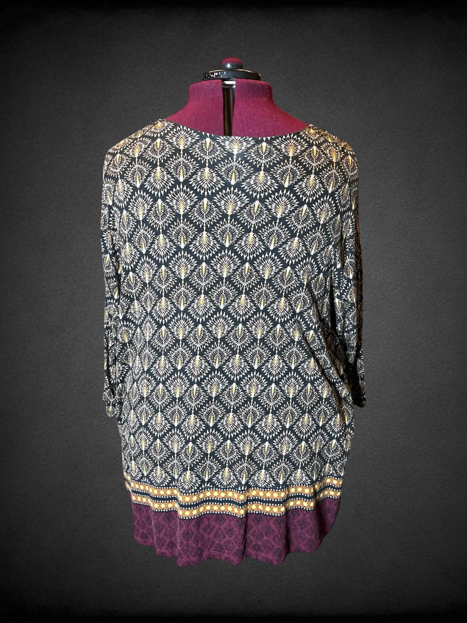 3X J. Jill black flowy blouse with buttons on front, and ornamental pattern