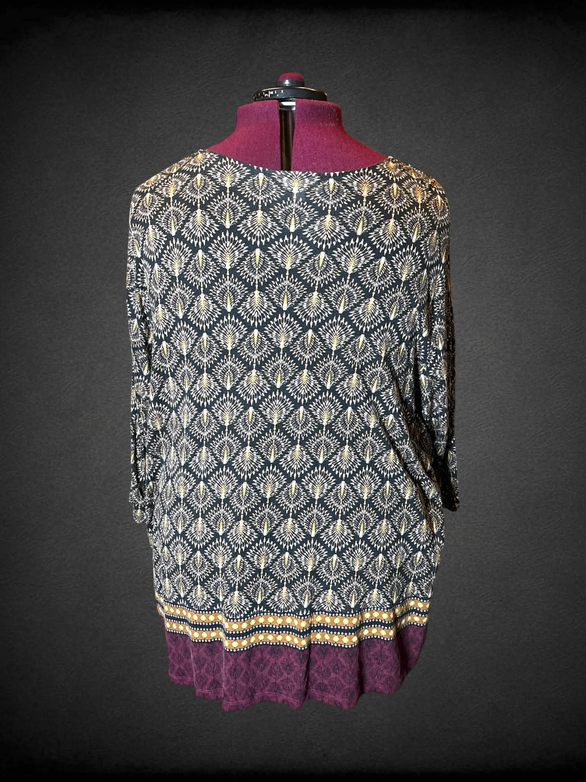 3X J. Jill black flowy blouse with buttons on front, and ornamental pattern