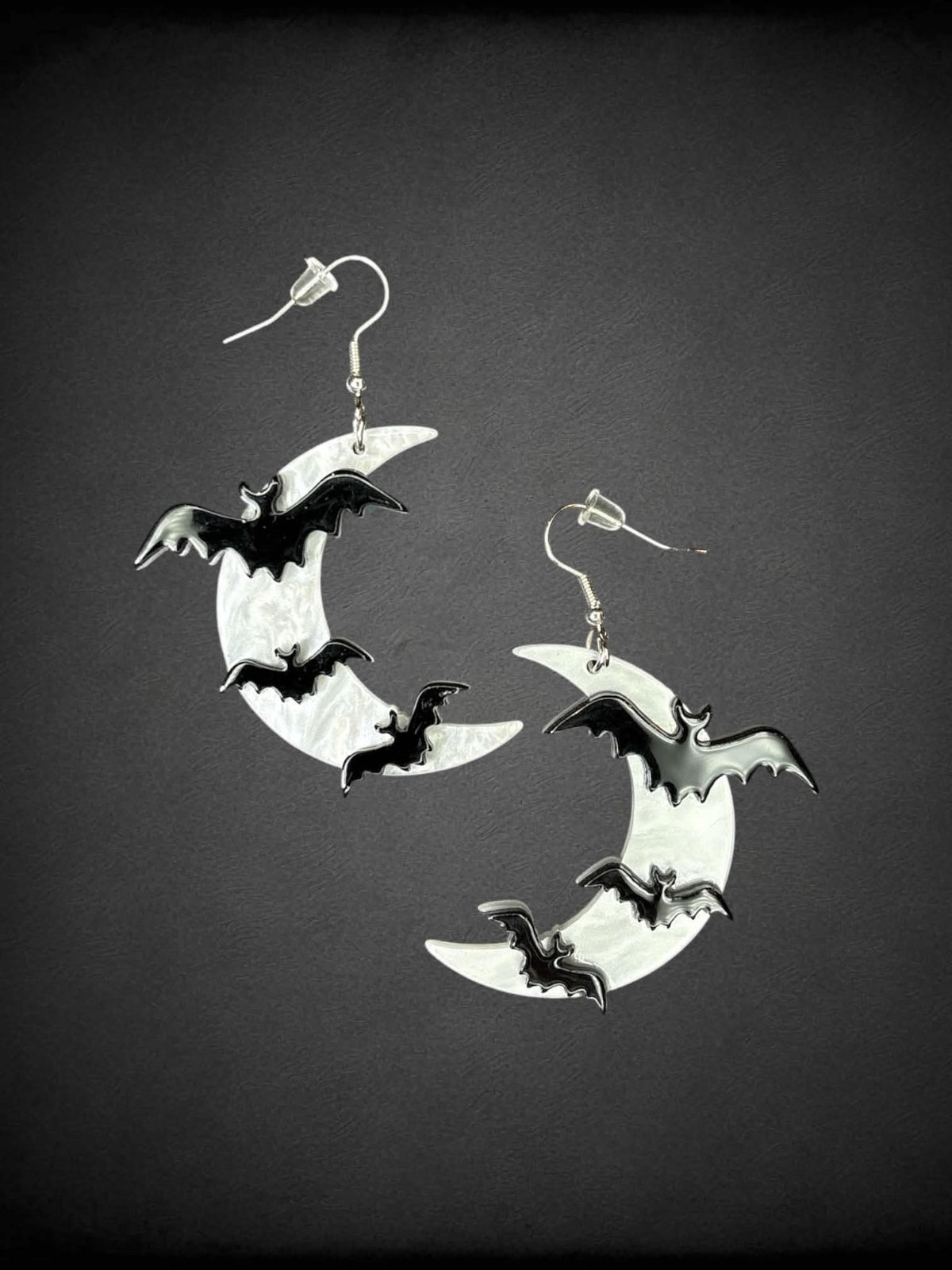 Halloween moon & bat silver earrings